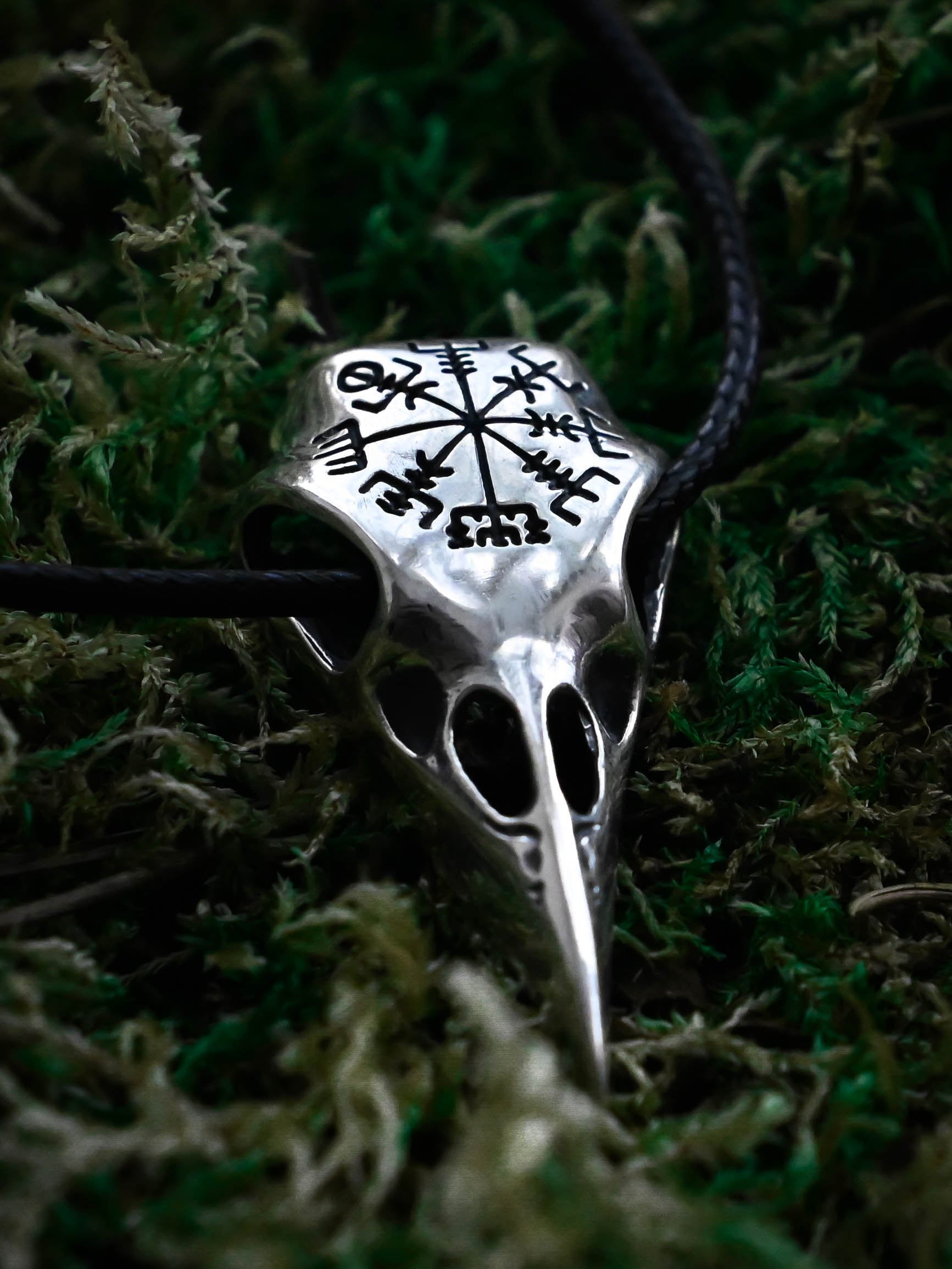 Raven Skull with Vegvisir Symbol, Sterling Silver 925 — Viking Symbol Pendant