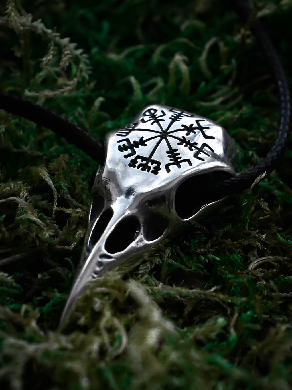 Raven Skull with Vegvisir Symbol, Sterling Silver 925 — Viking Symbol Pendant