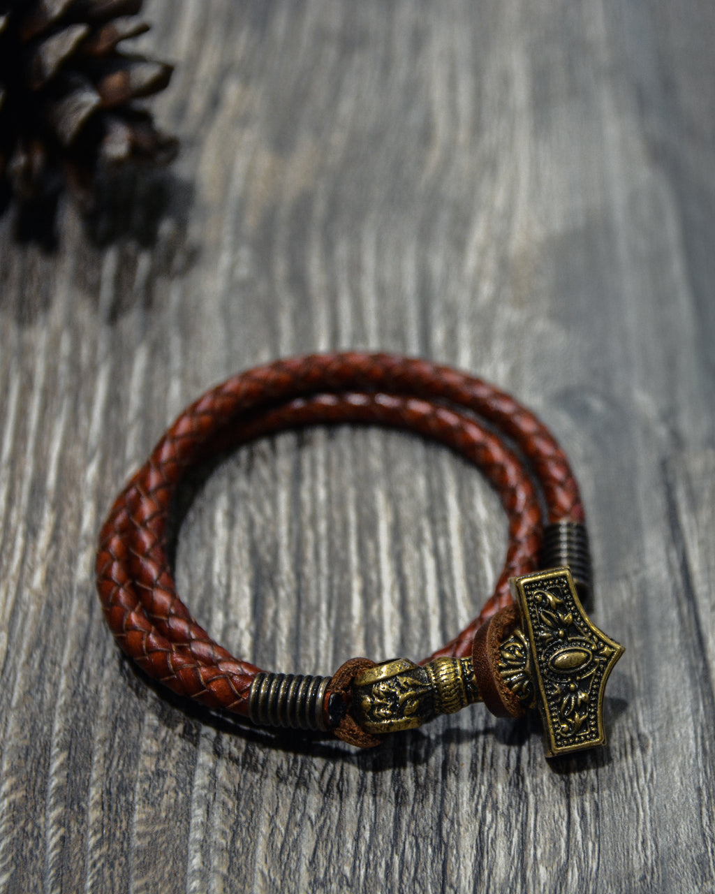 Thor's Hammer Bracelet, Natural Leather and Bronze