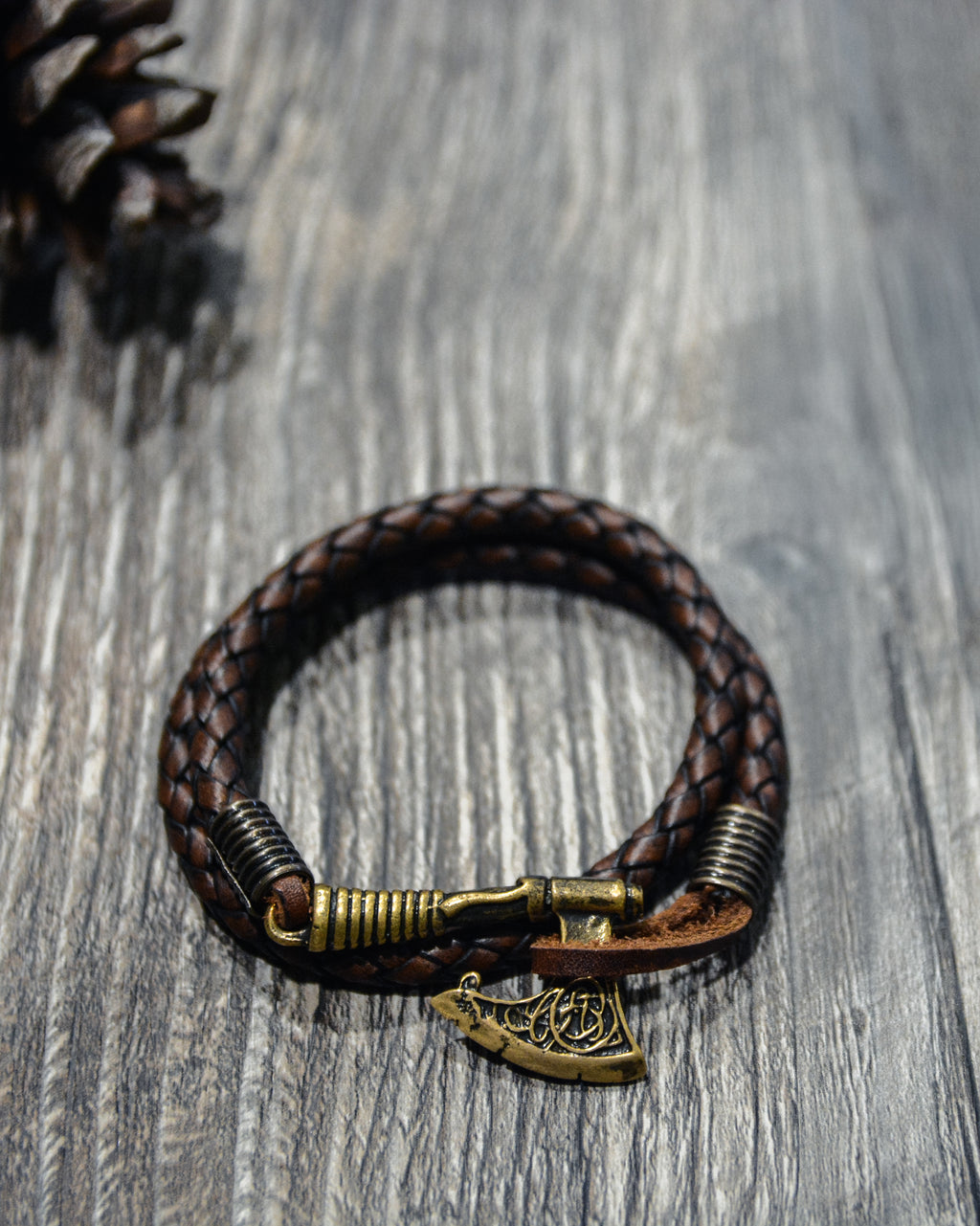 Celtic Axe Bracelet, Natural Leather and Bronze