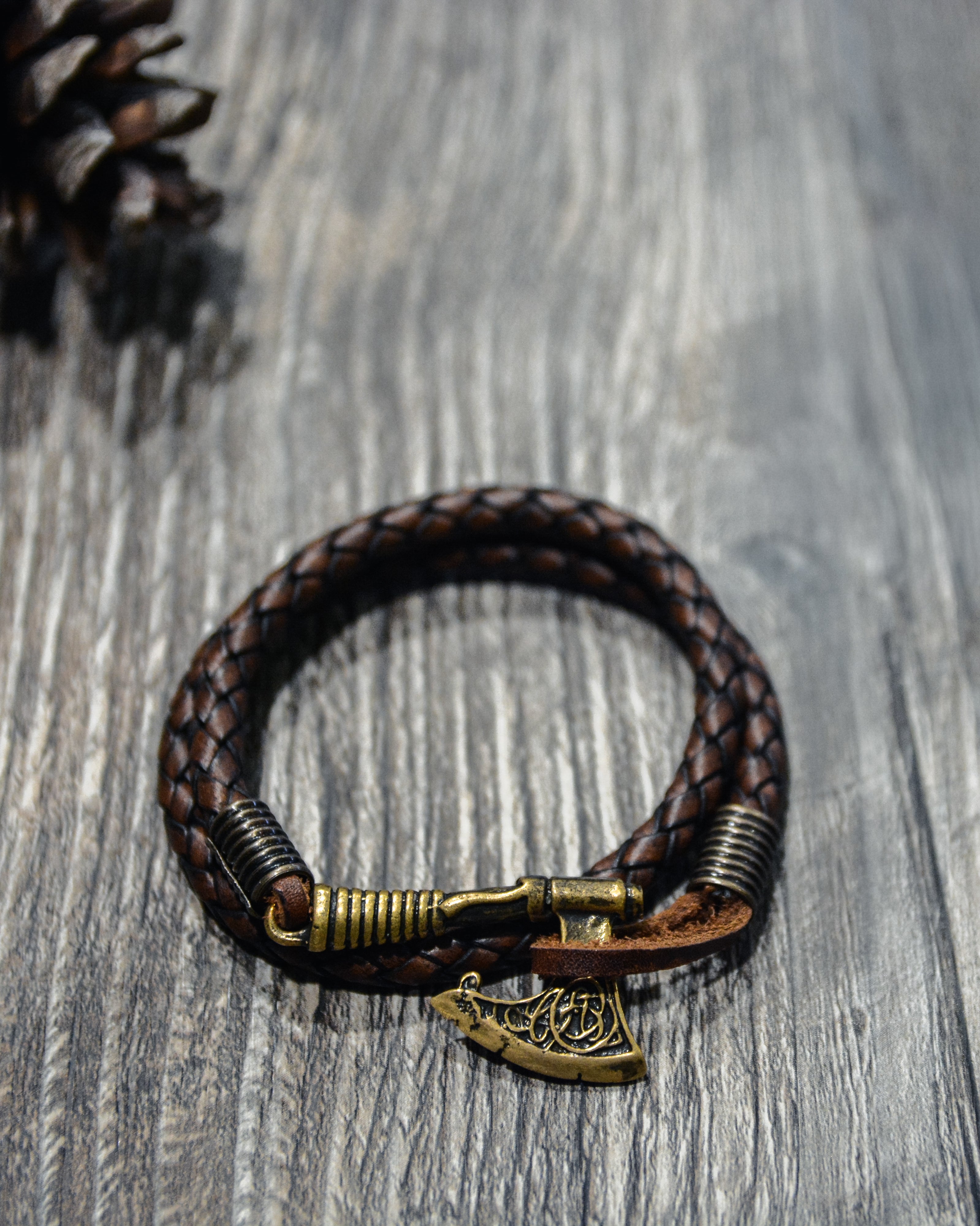 Celtic Axe Bracelet, Natural Leather and Bronze