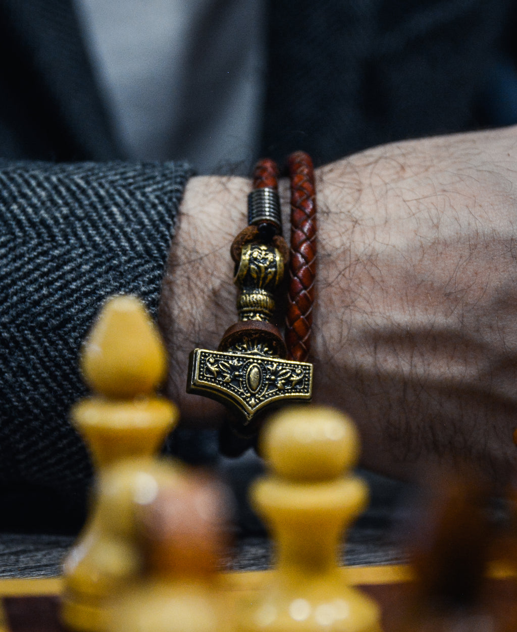 Thor's Hammer Bracelet, Natural Leather and Bronze