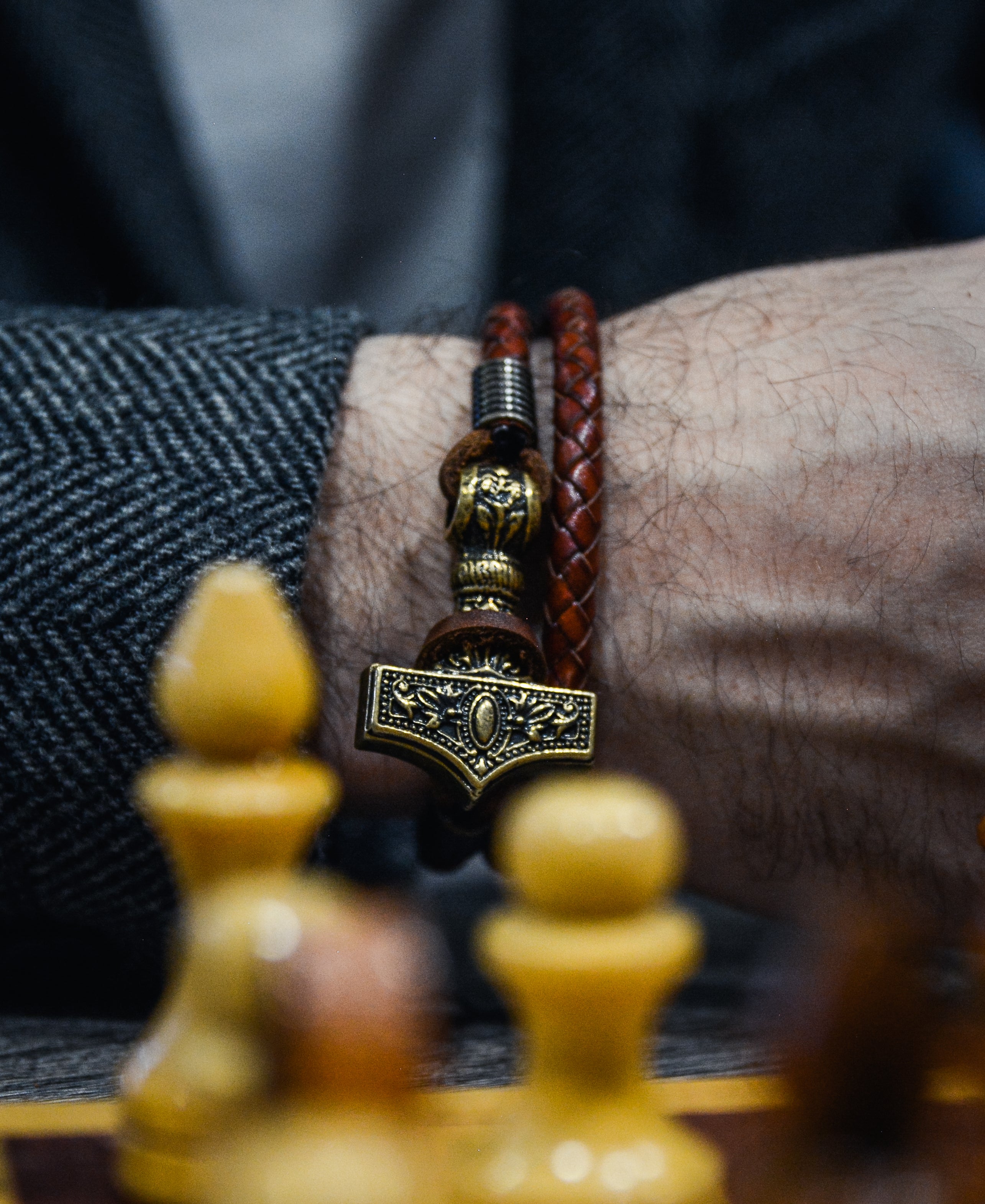 Thor's Hammer Bracelet, Natural Leather and Bronze