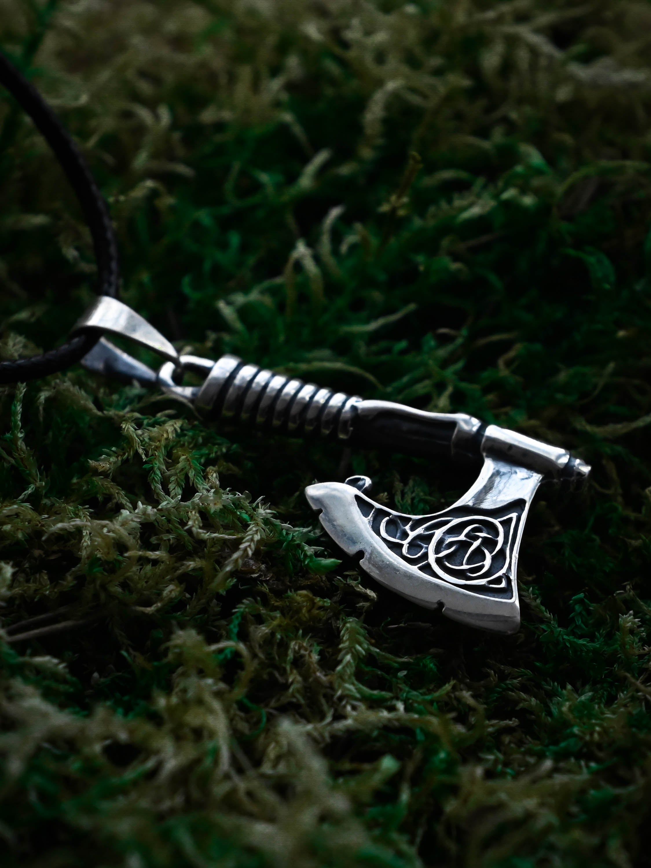 Scandinavian Axe with Knotwork, Sterling Silver 925 — Viking Symbol Pendant