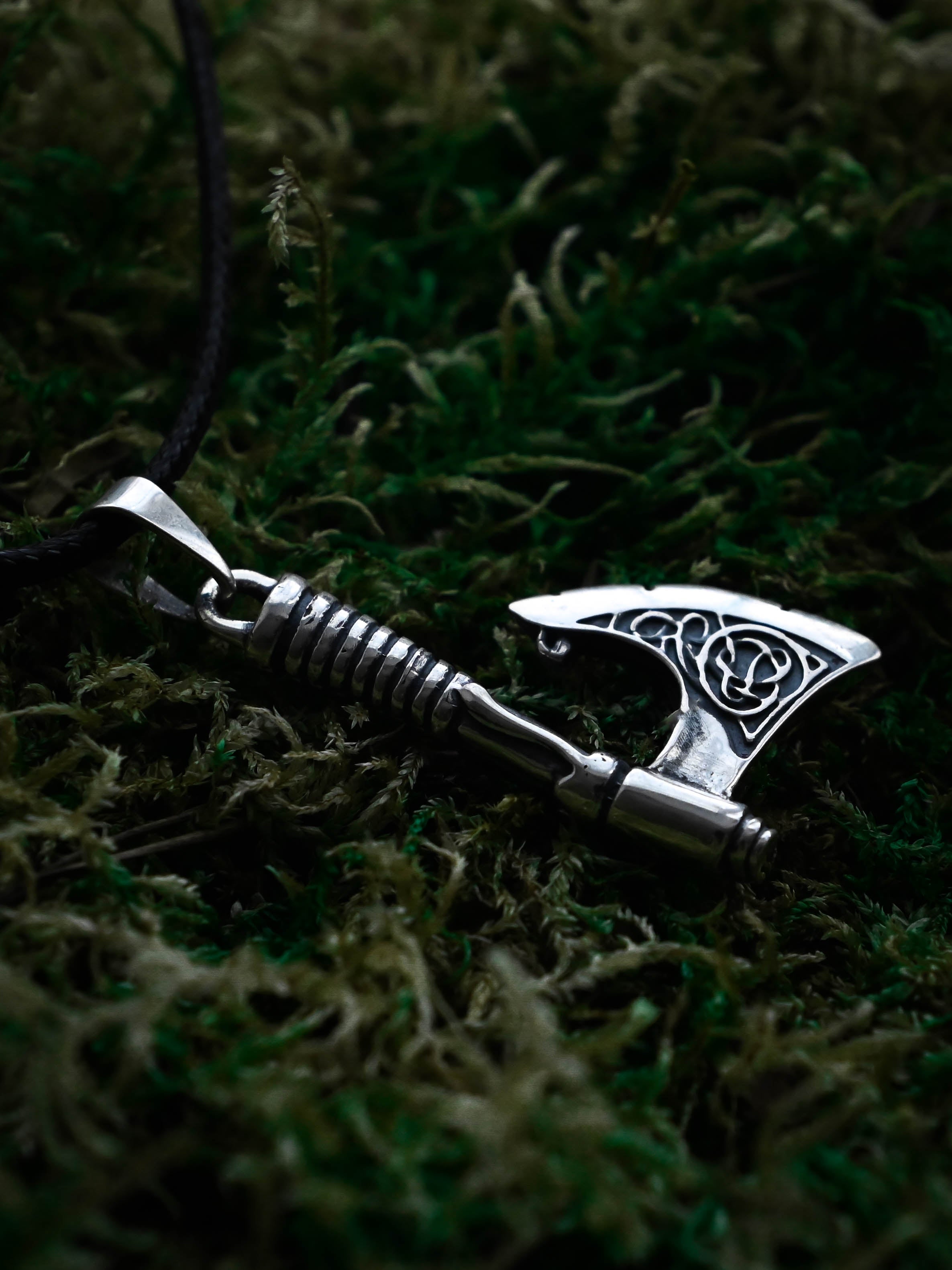 Scandinavian Axe with Knotwork, Sterling Silver 925 — Viking Symbol Pendant