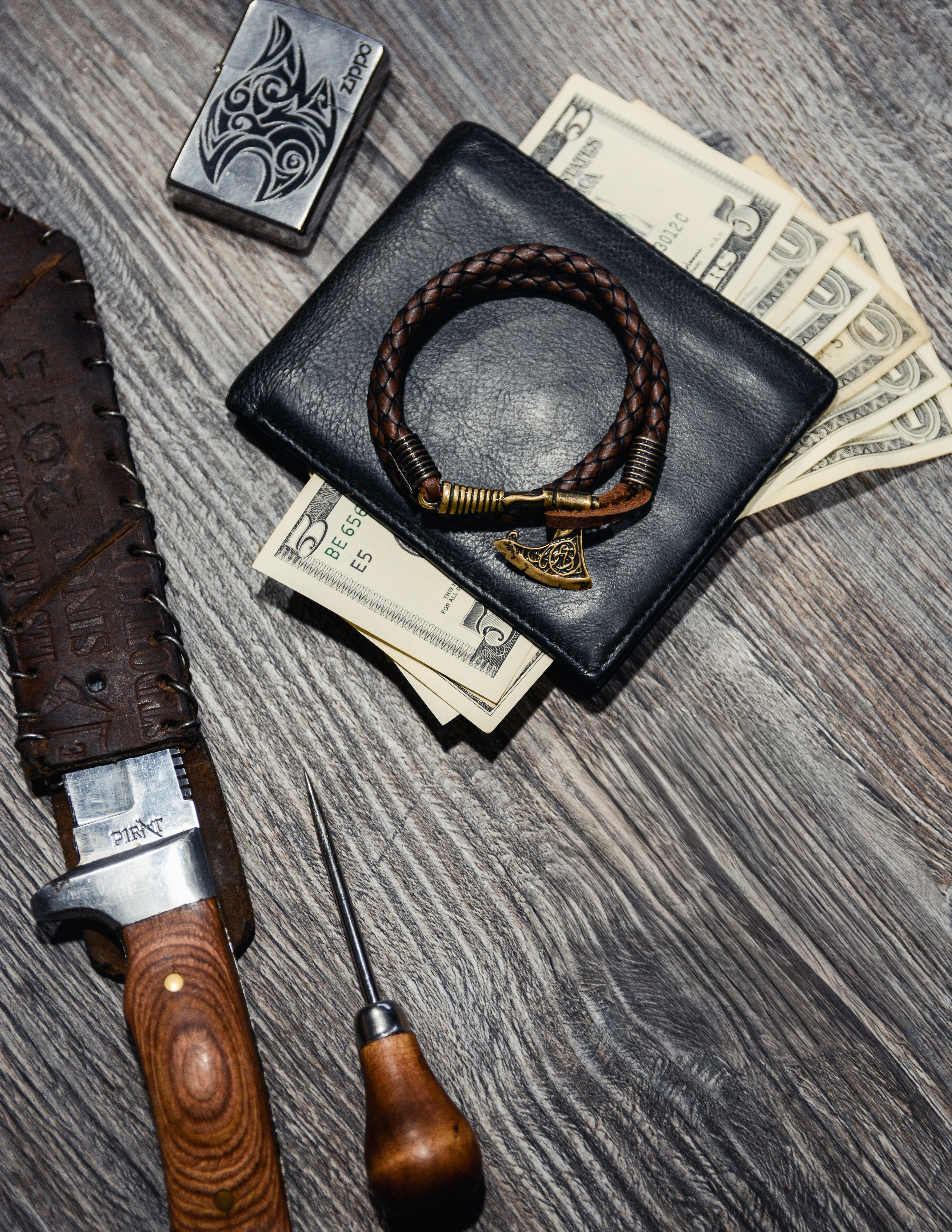 Celtic Axe Bracelet, Natural Leather and Bronze