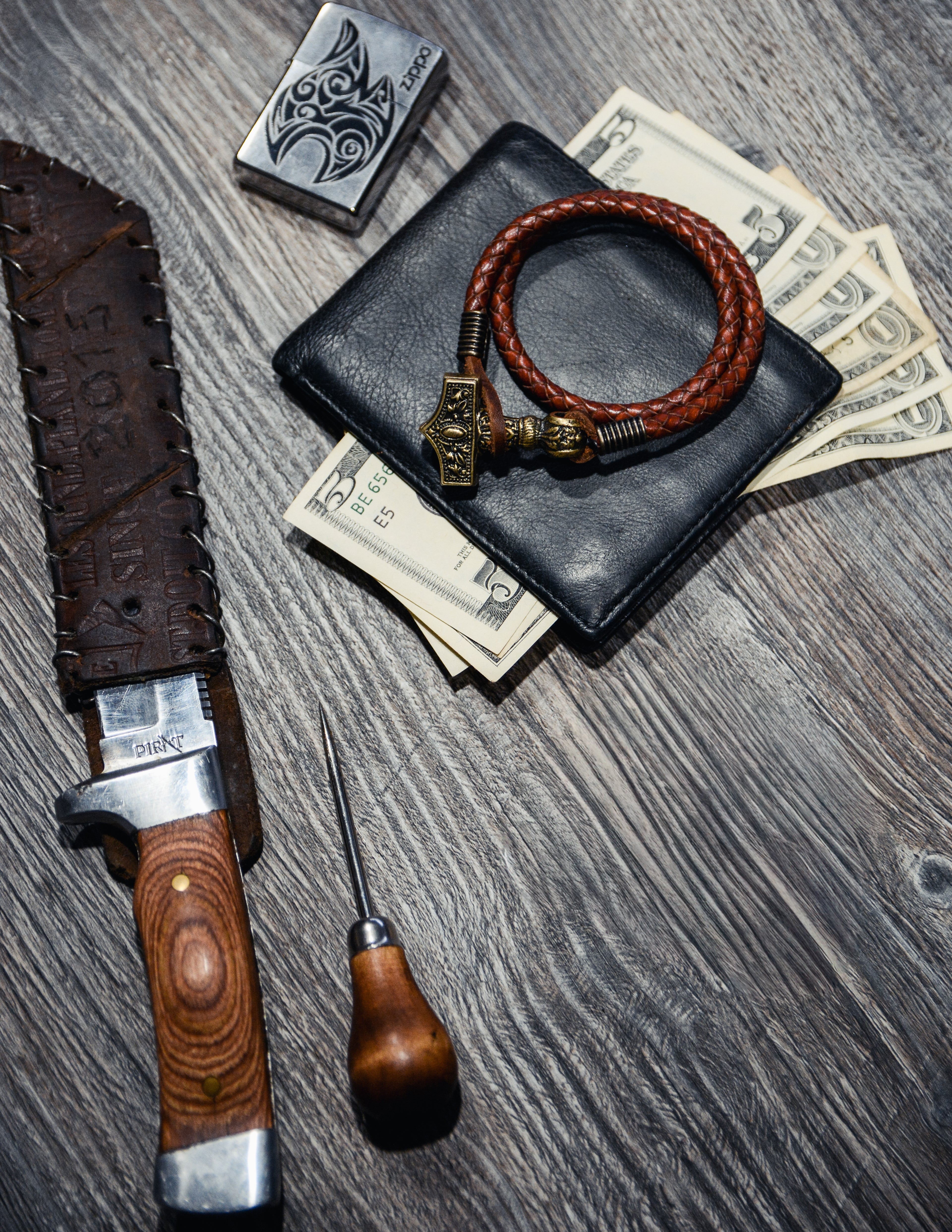 Thor's Hammer Bracelet, Natural Leather and Bronze