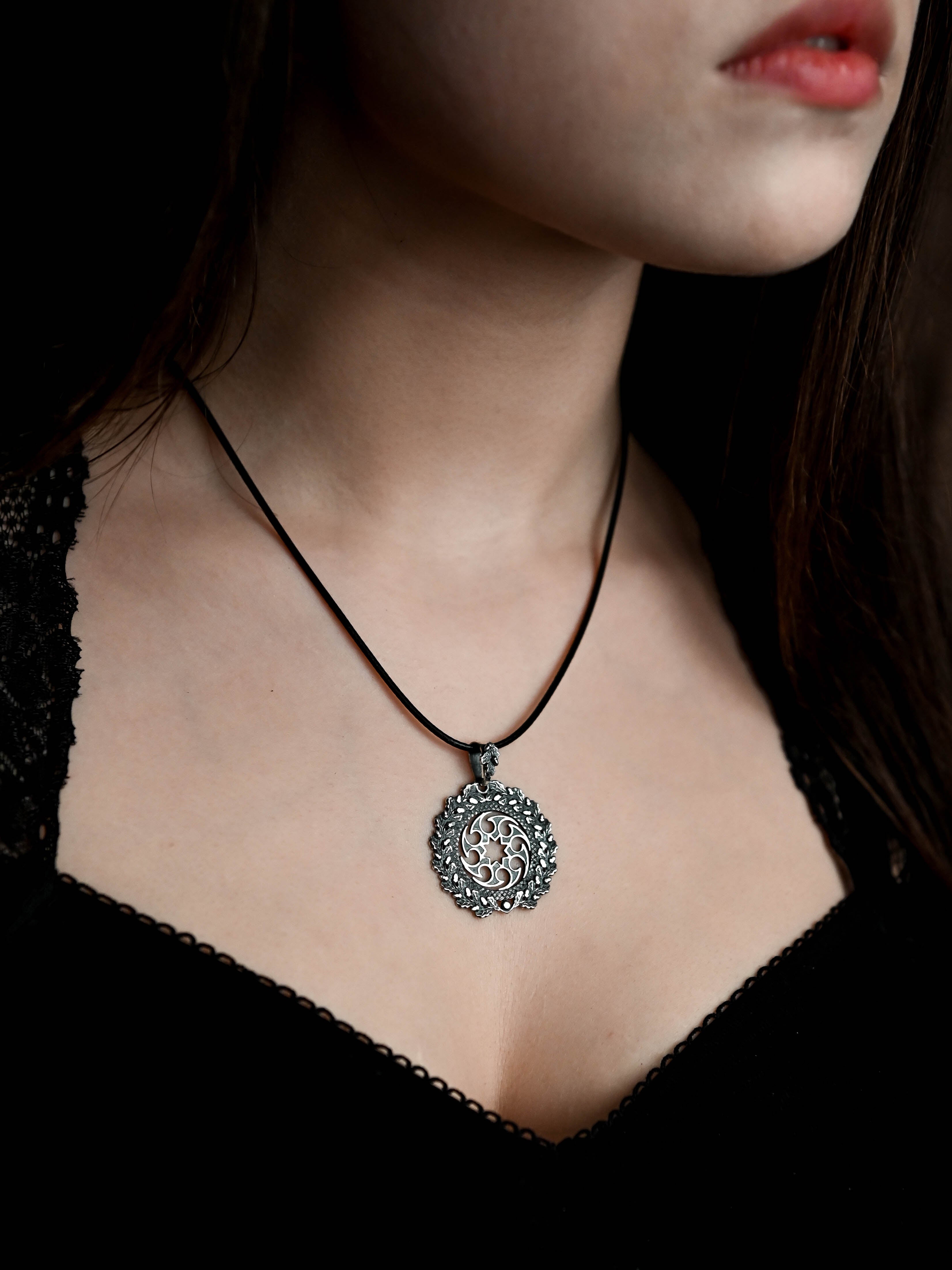 Solntsevorot (Sun Wheel) Amulet in Oak Wreath, Sterling Silver 925 — Slavic, Viking & Norse Symbol Pendant
