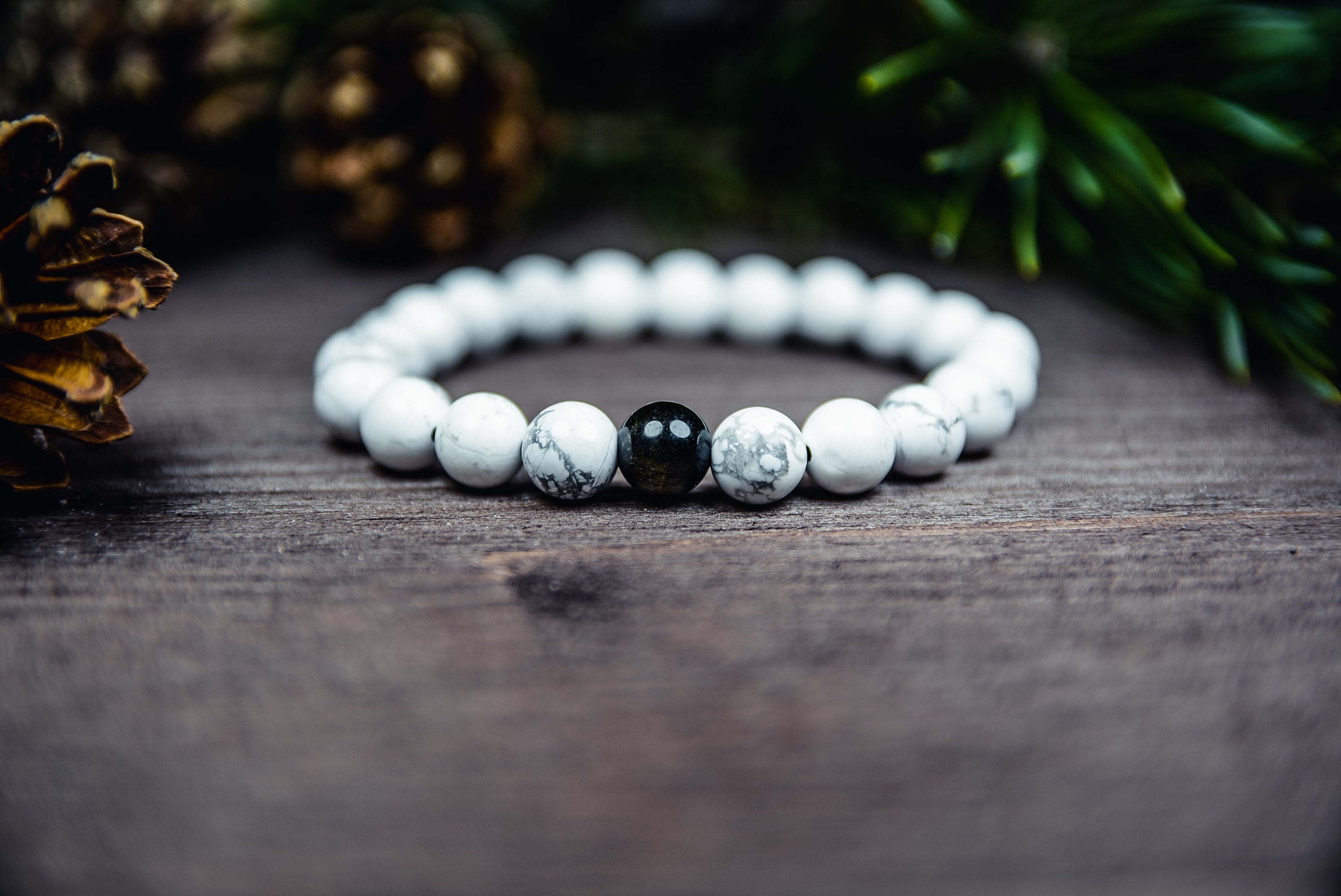 White Howlite Bracelet with a Black Agate Accent Bead