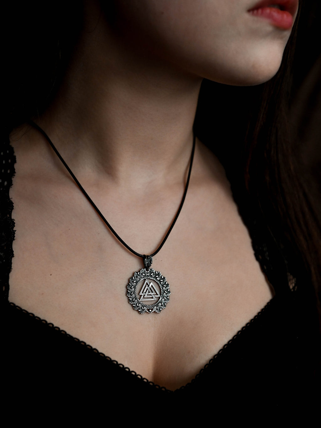 Valknut Amulet in Oak Wreath, Sterling Silver 925 — Viking, Norse & Slavic Symbol Pendant