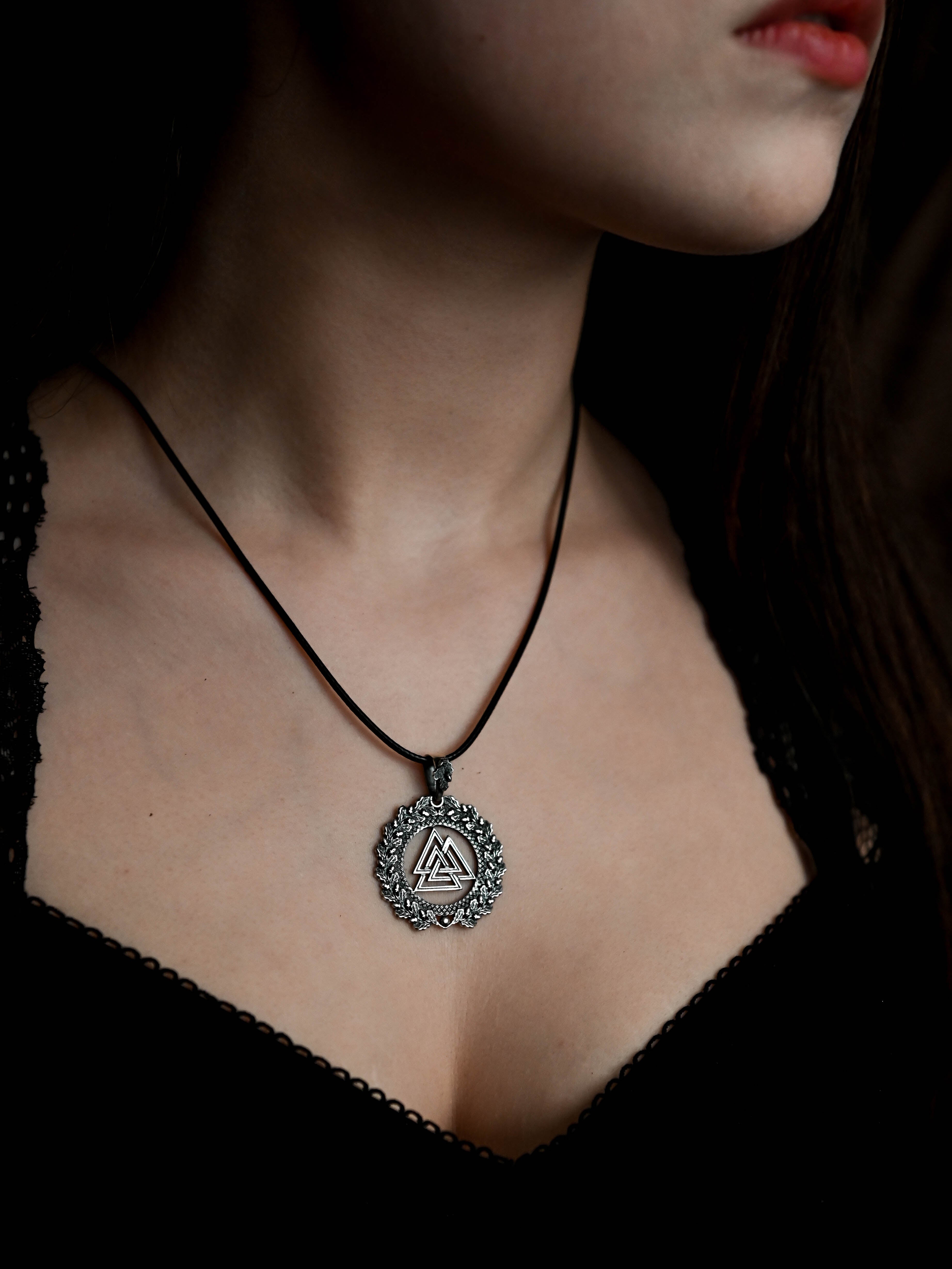 Valknut Amulet in Oak Wreath, Sterling Silver 925 — Viking, Norse & Slavic Symbol Pendant