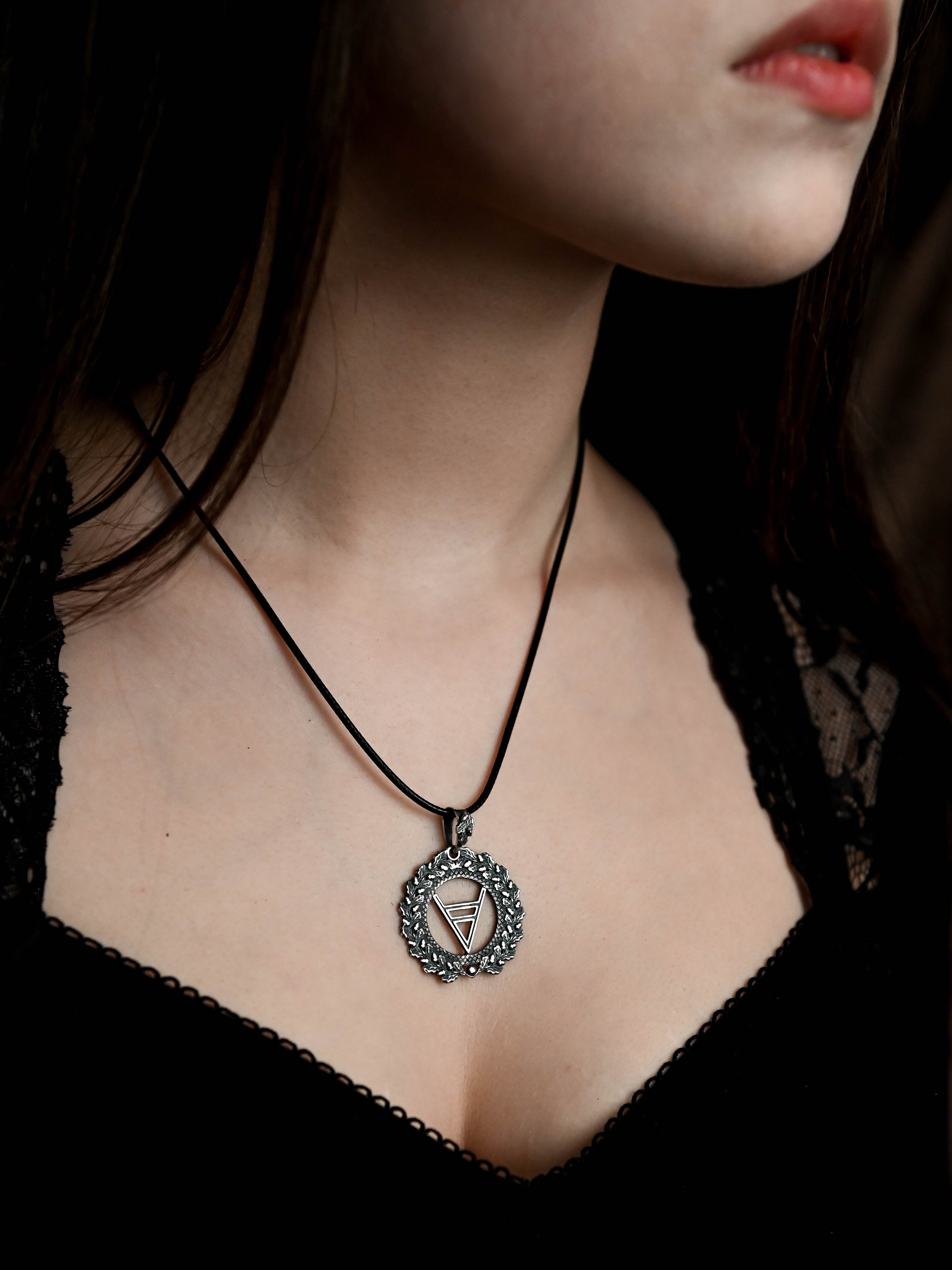 Symbol of Veles Amulet in Oak Wreath, Sterling Silver 925 — Slavic, Viking & Norse Symbol Pendant