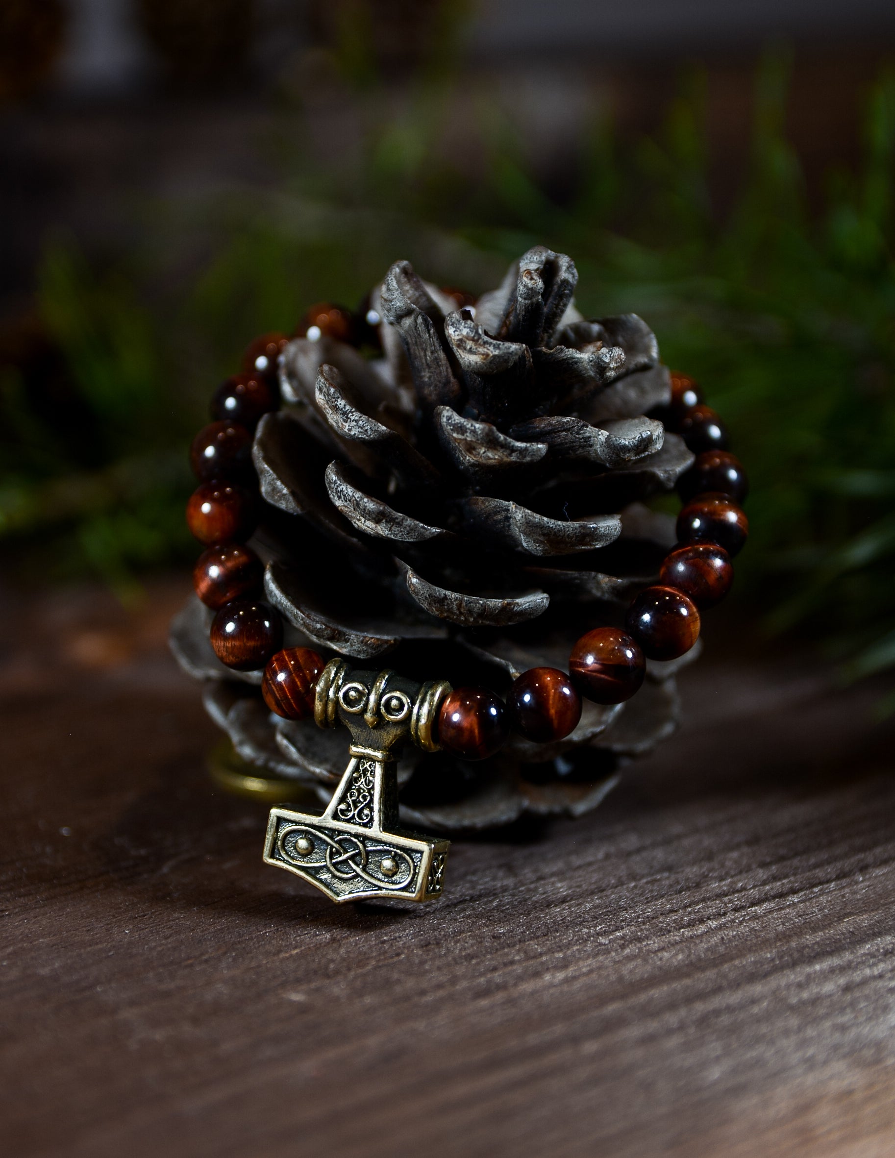 Ox Eye Stone Bracelet with Thor's Hammer Bead