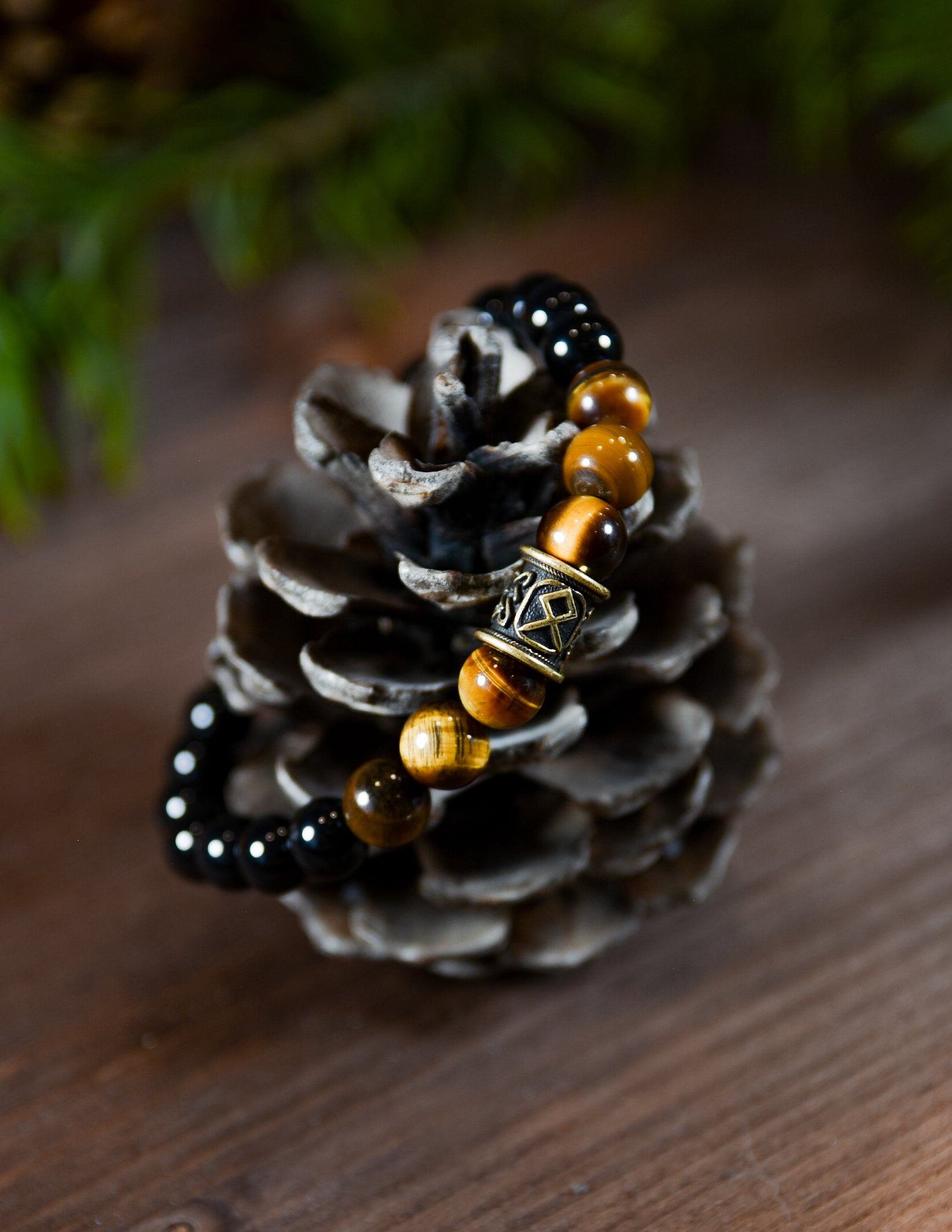 Tiger's Eye and Black Agate Bracelet with Odal Rune Bead