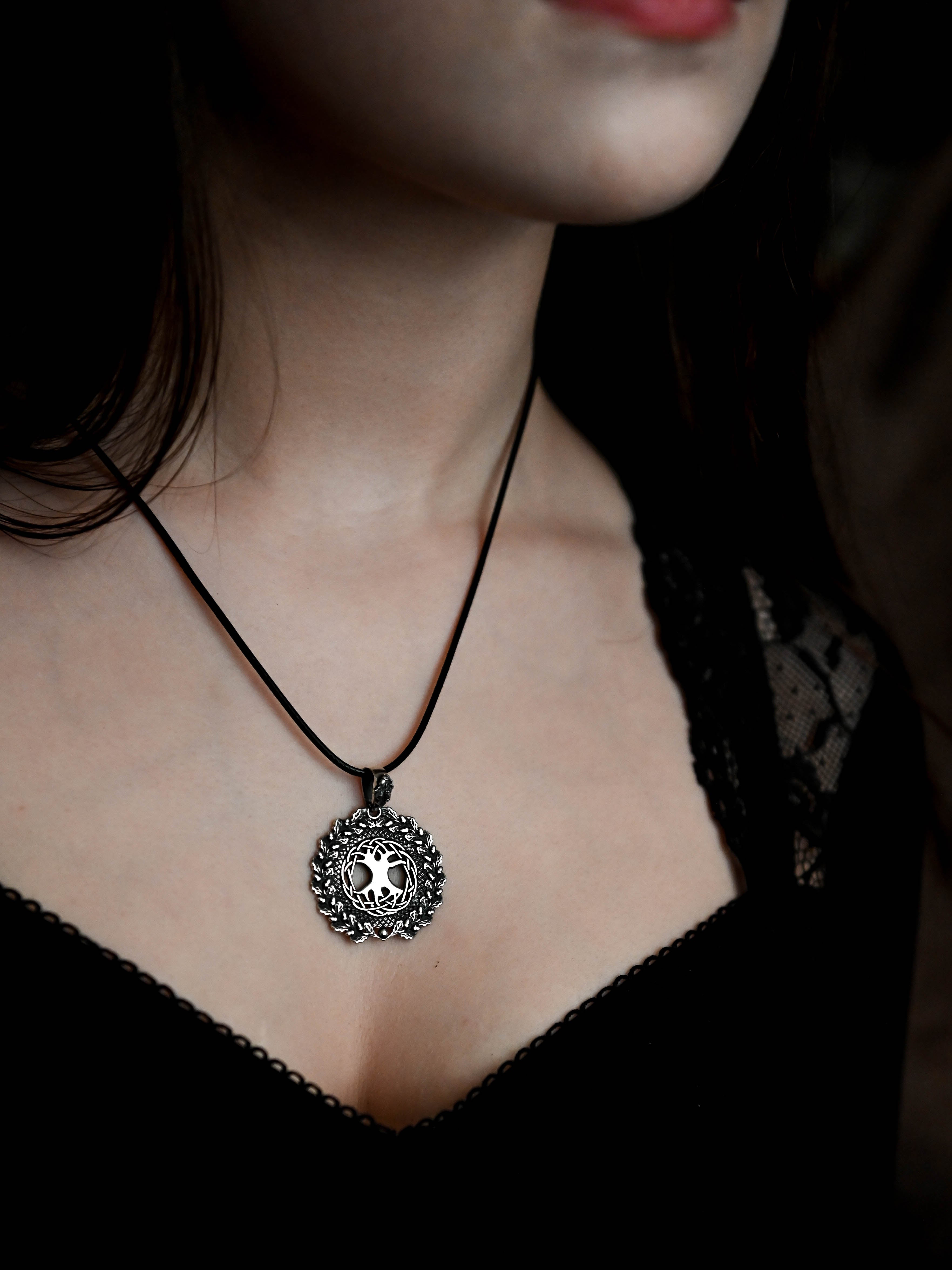 World Tree (Yggdrasil) Amulet in Oak Wreath, Sterling Silver 925 — Norse, Slavic & Viking Symbol Pendant