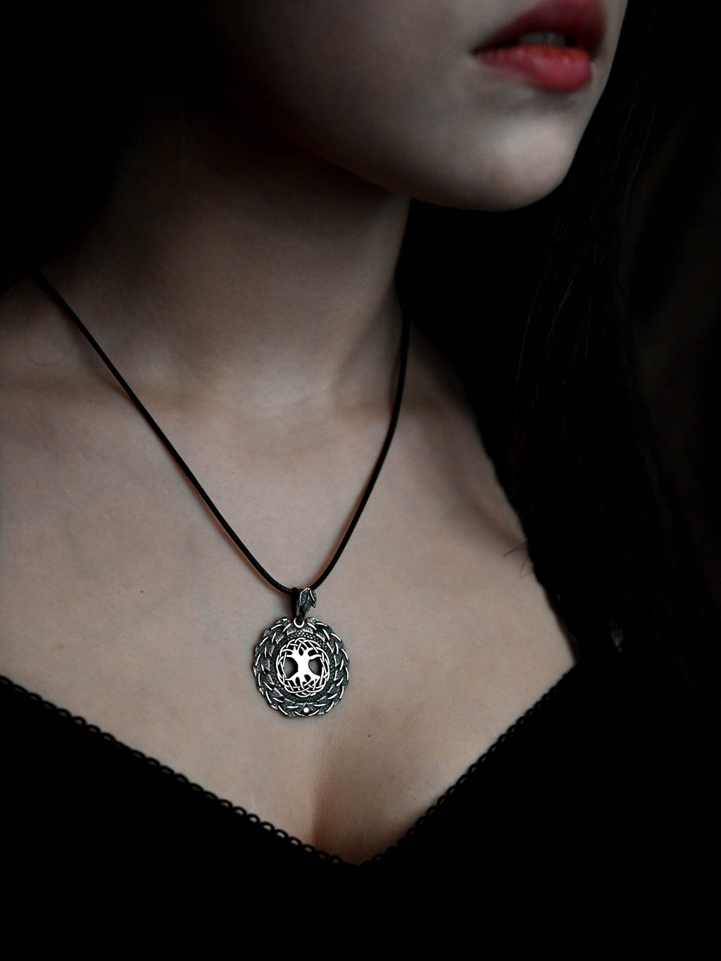 World Tree (Yggdrasil) Amulet in Birch Wreath, Sterling Silver 925 — Norse, Slavic & Viking Symbol Pendant