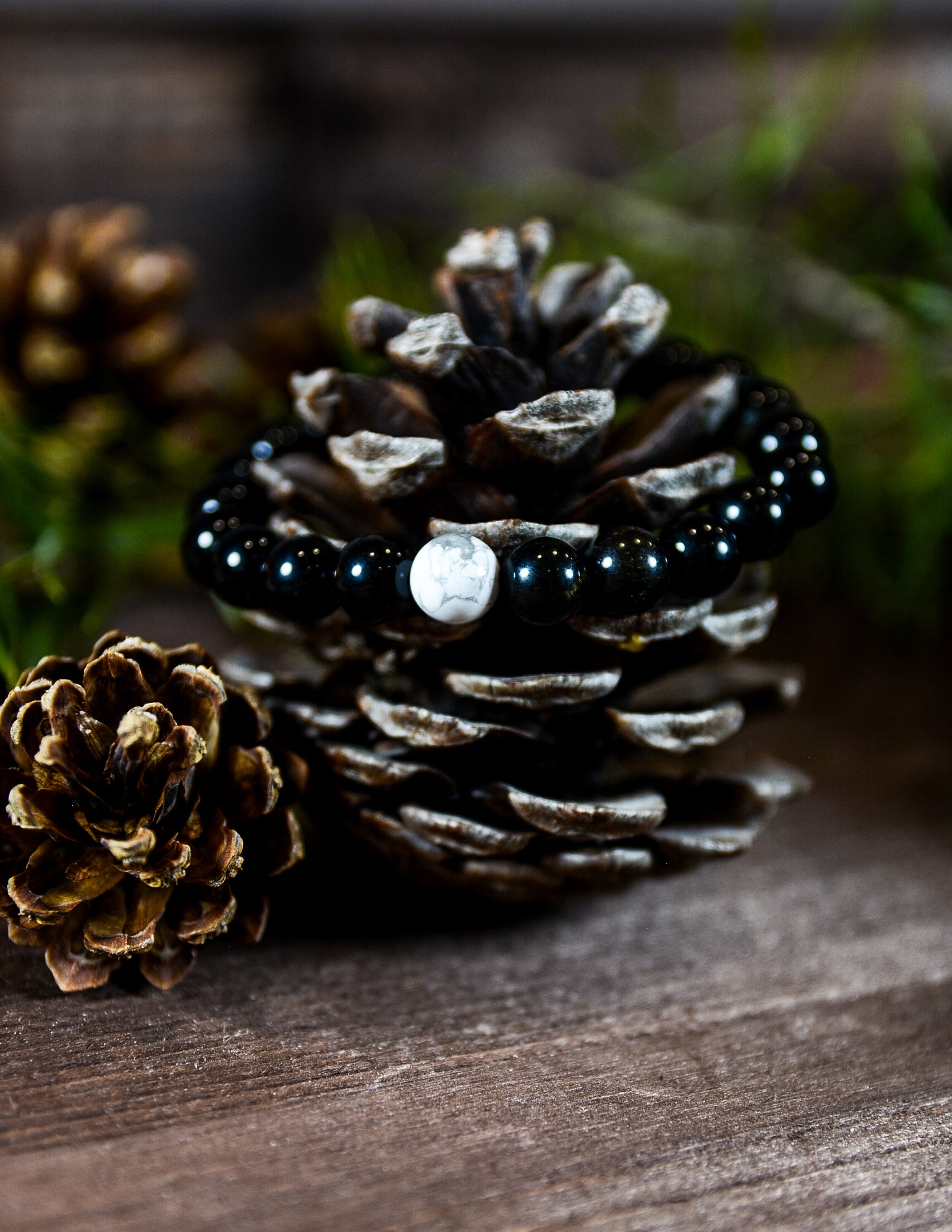 Black Agate Bracelet with a White Howlite Accent Bead