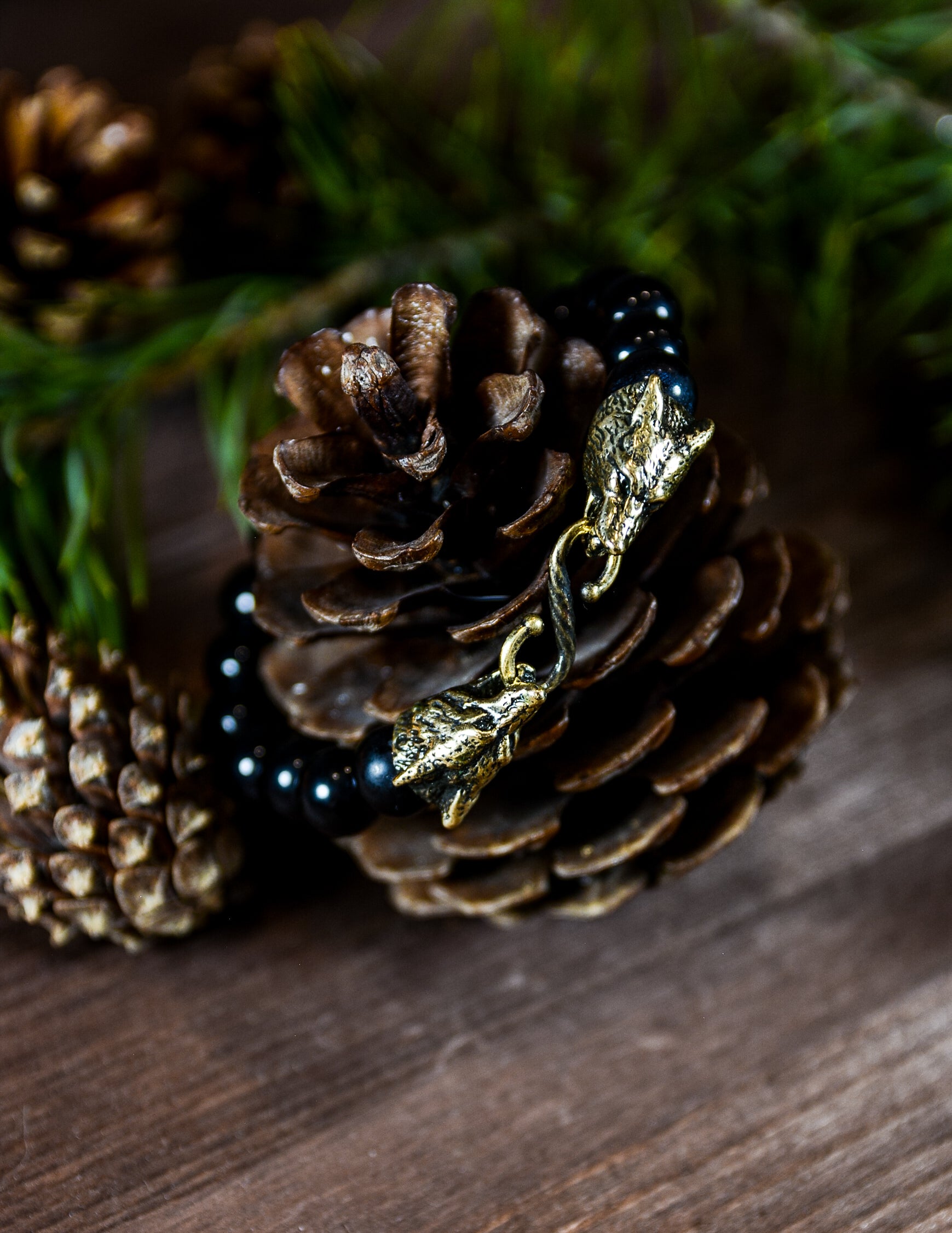Black Agate Bracelet with Wolves of Odin Clasp