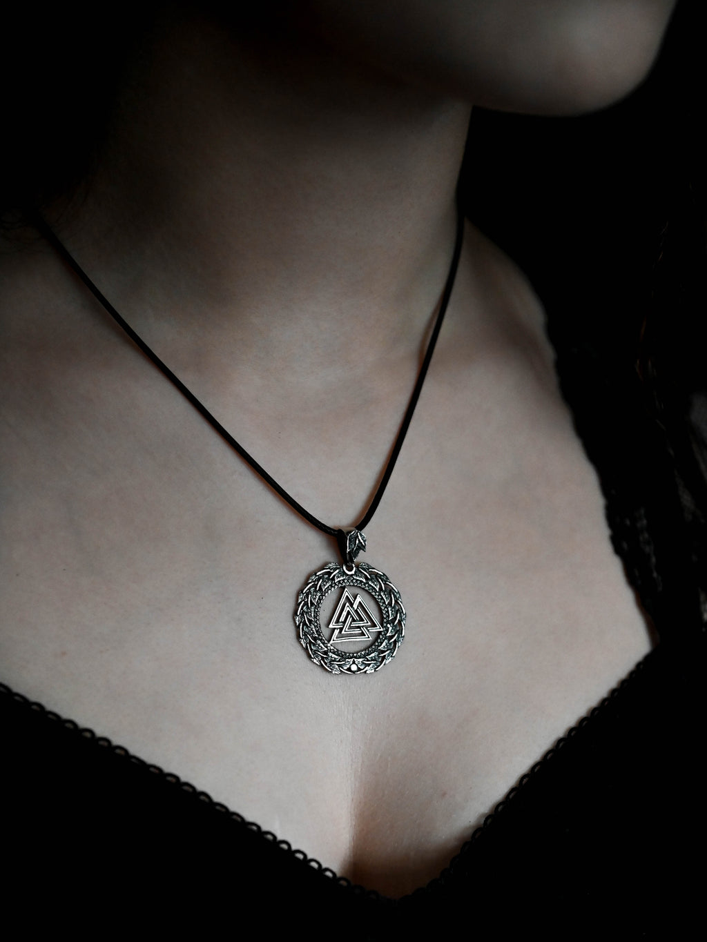 Valknut Amulet in Birch Wreath, Sterling Silver 925 — Viking, Norse & Slavic Symbol Pendant