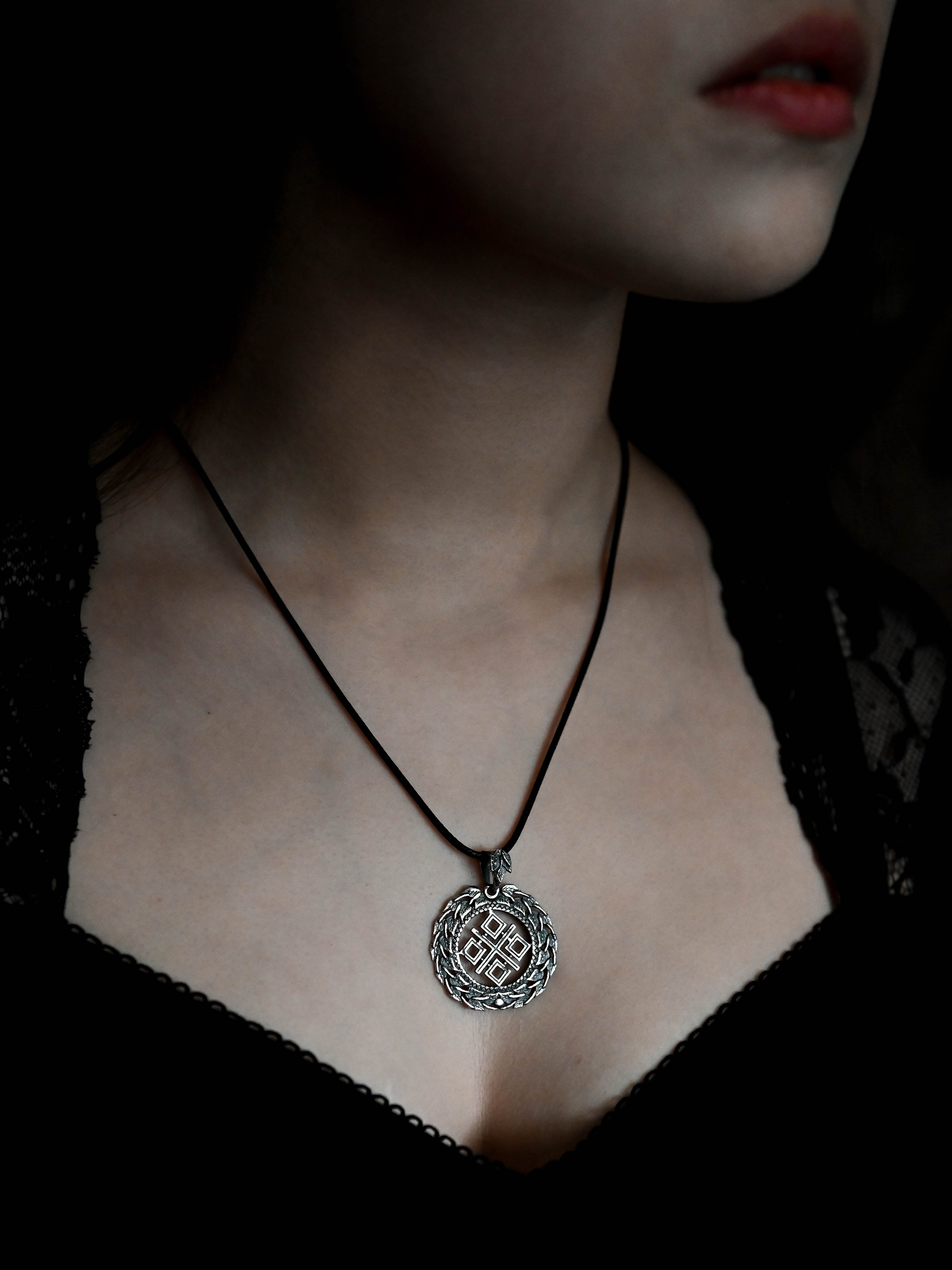 Makosh (Mokosh) Amulet in Birch Wreath, Sterling Silver 925 — Slavic, Viking & Norse Symbol Pendant