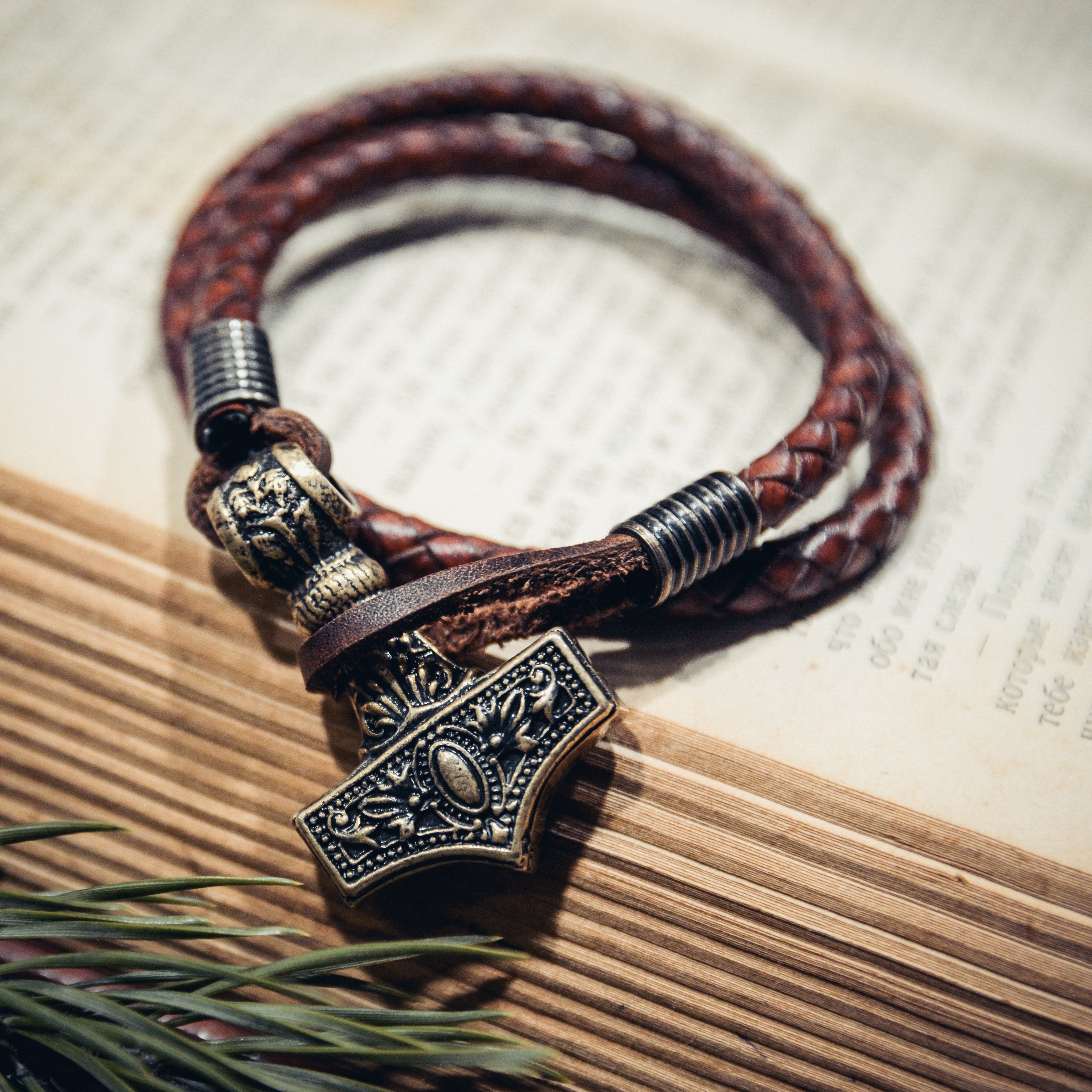 Thor's Hammer Bracelet, Natural Leather and Bronze