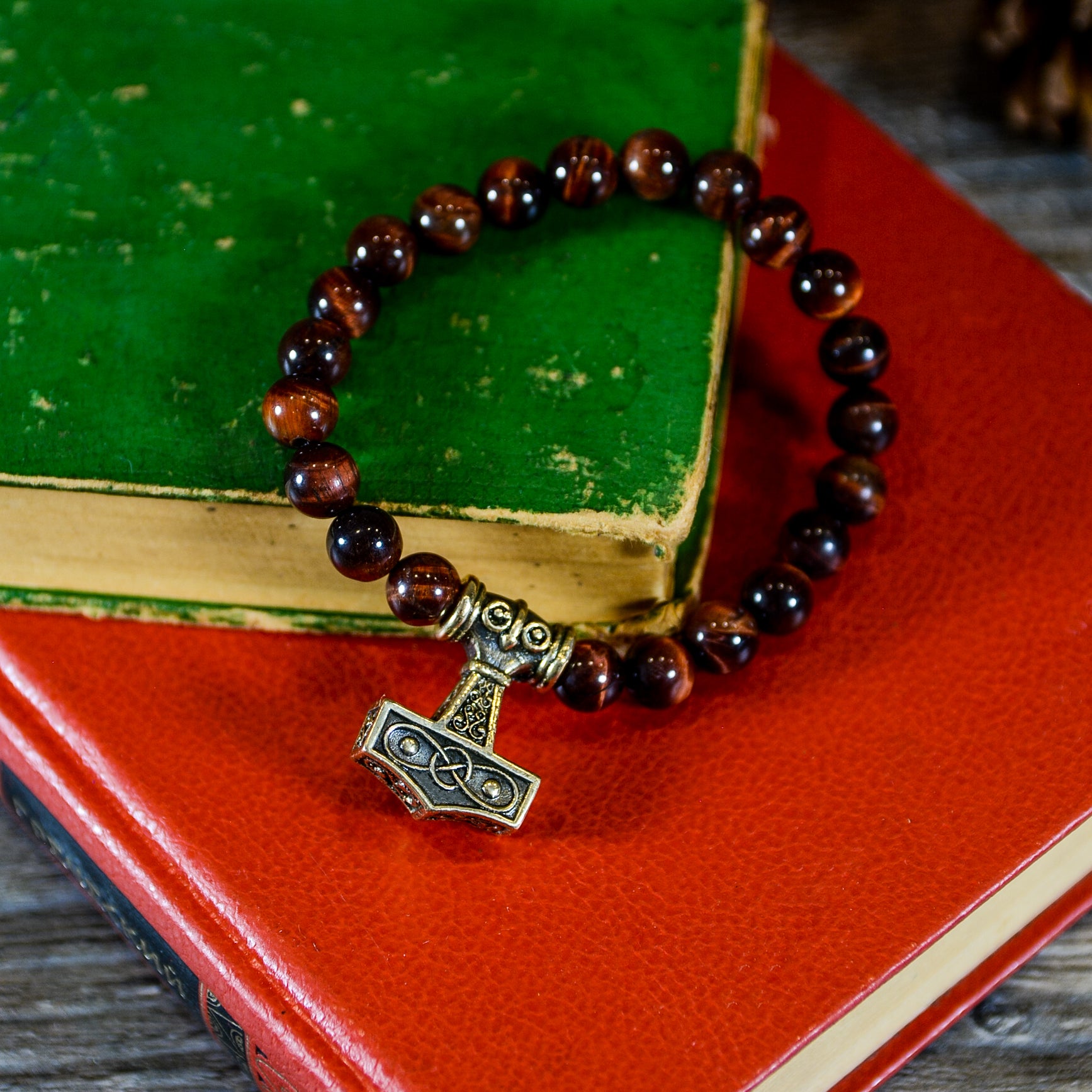 Ox Eye Stone Bracelet with Thor's Hammer Bead