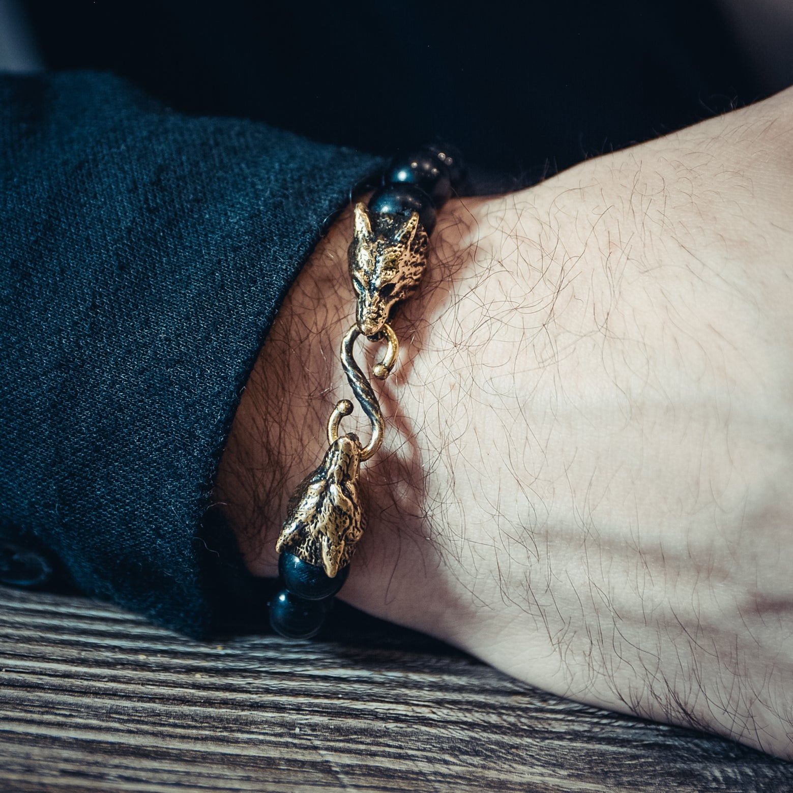 Black Agate Bracelet with Wolves of Odin Clasp