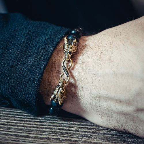 Black Agate Bracelet with Wolves of Odin Clasp