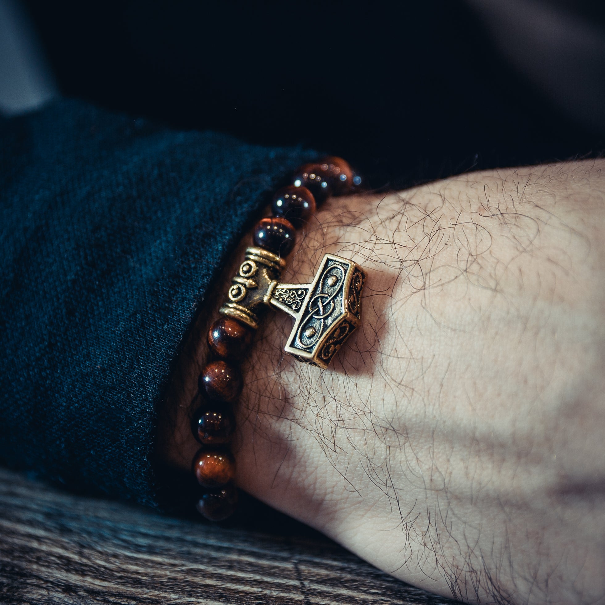 Ox Eye Stone Bracelet with Thor's Hammer Bead
