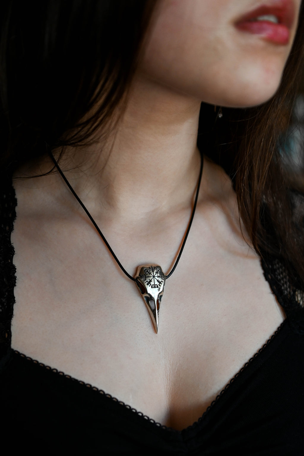 Raven Skull with Vegvisir Symbol, Sterling Silver 925 — Viking Symbol Pendant