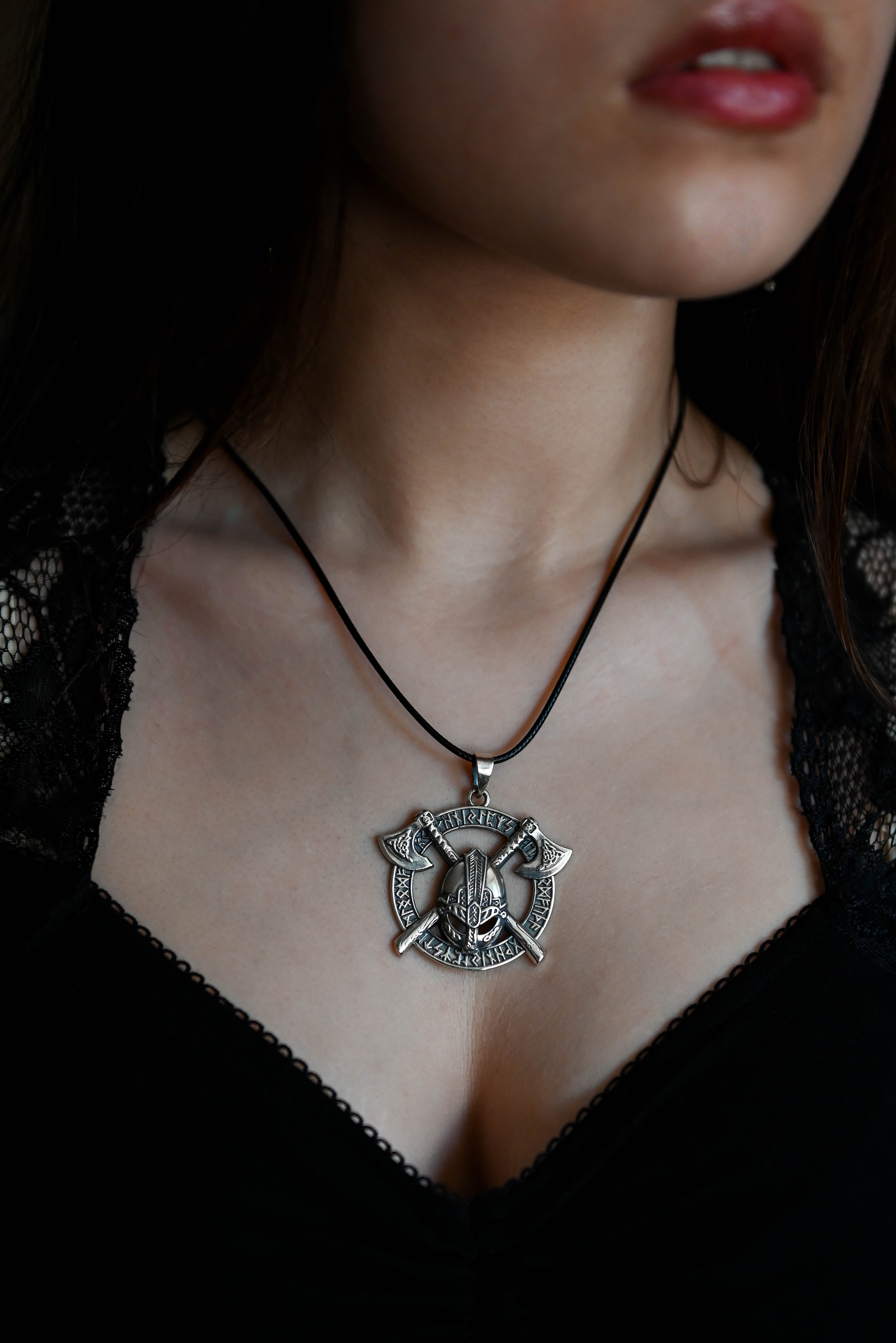 Viking Helmet Amulet in Futhark, Sterling Silver 925 — Viking Symbol Pendant