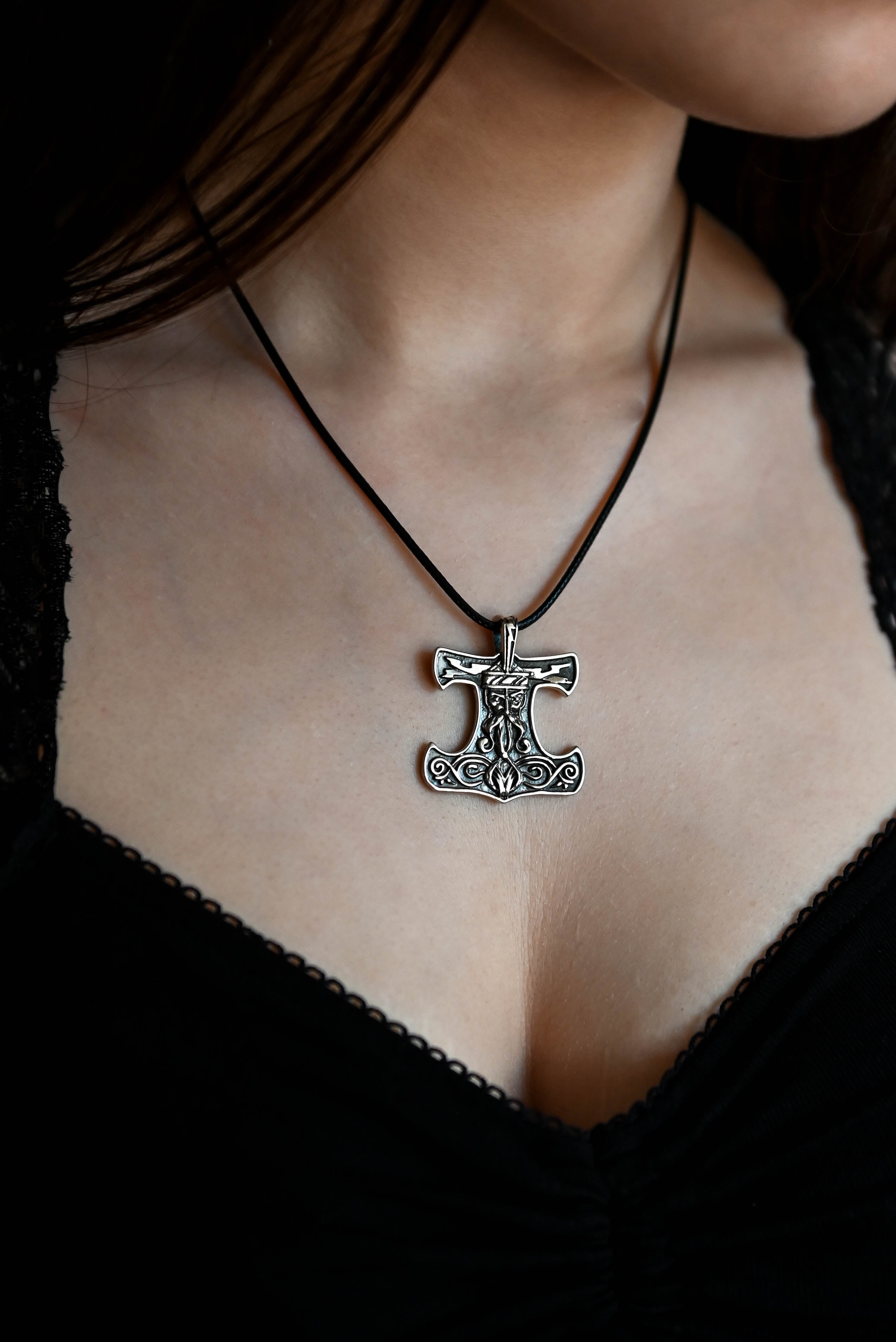 Thor's Hammer with the Face of the God Thor, Sterling Silver 925 — Viking Symbol Pendant