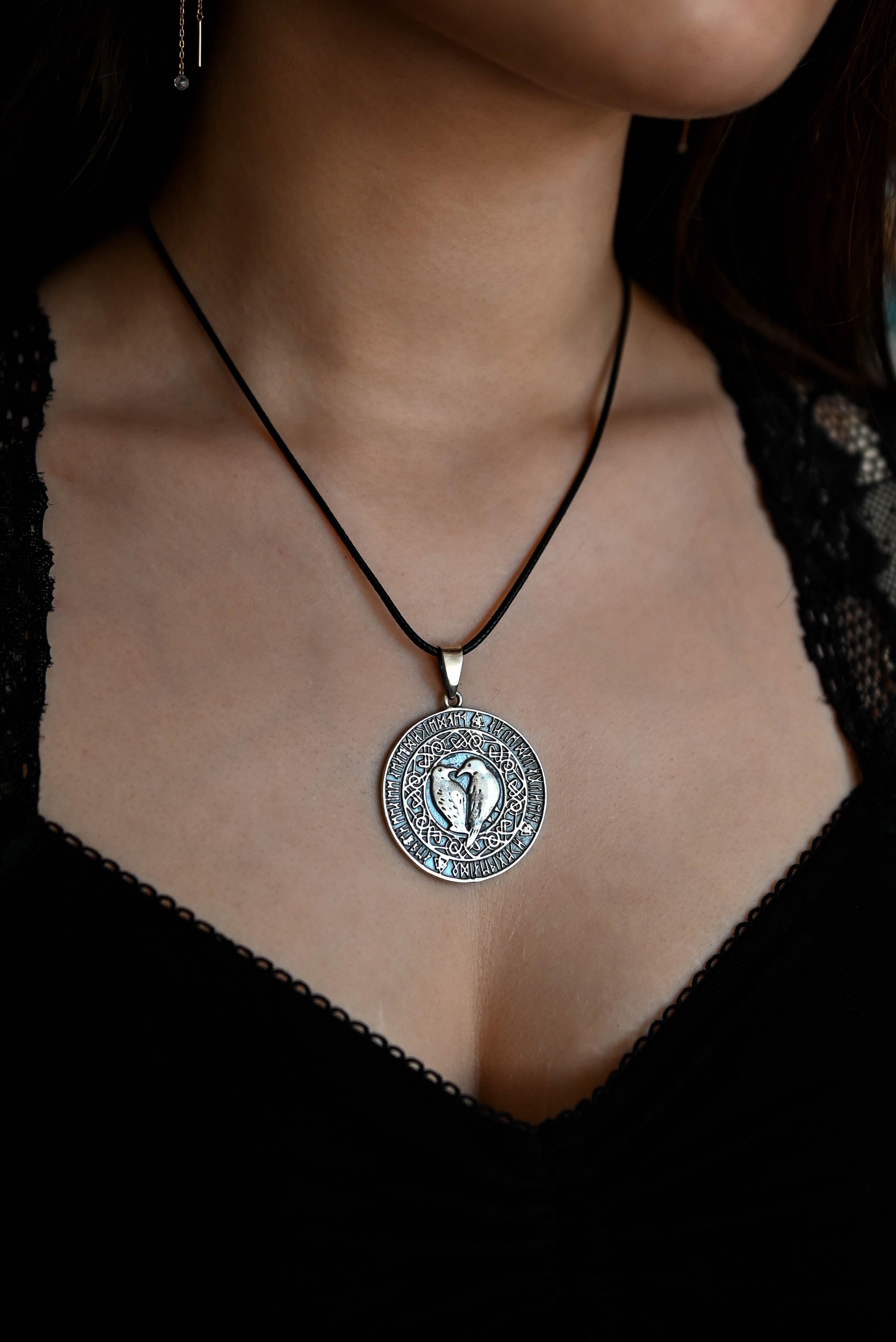 Ravens Amulet in Futhark, Sterling Silver 925 — Viking & Norse Symbol Pendant