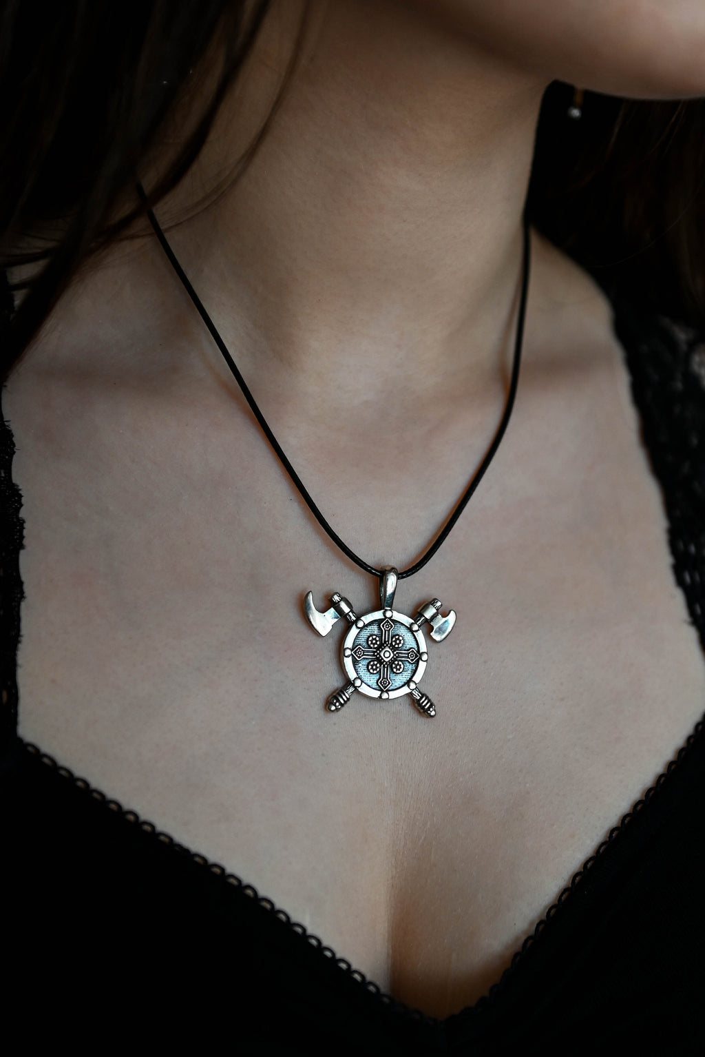Shield with Axes Amulet, Sterling Silver 925 — Viking Symbol Pendant