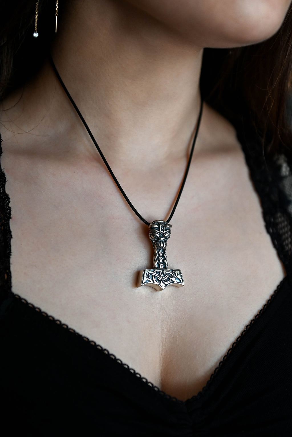 Thor's Hammer with the Face of Thor, Sterling Silver 925 — Viking Symbol Pendant
