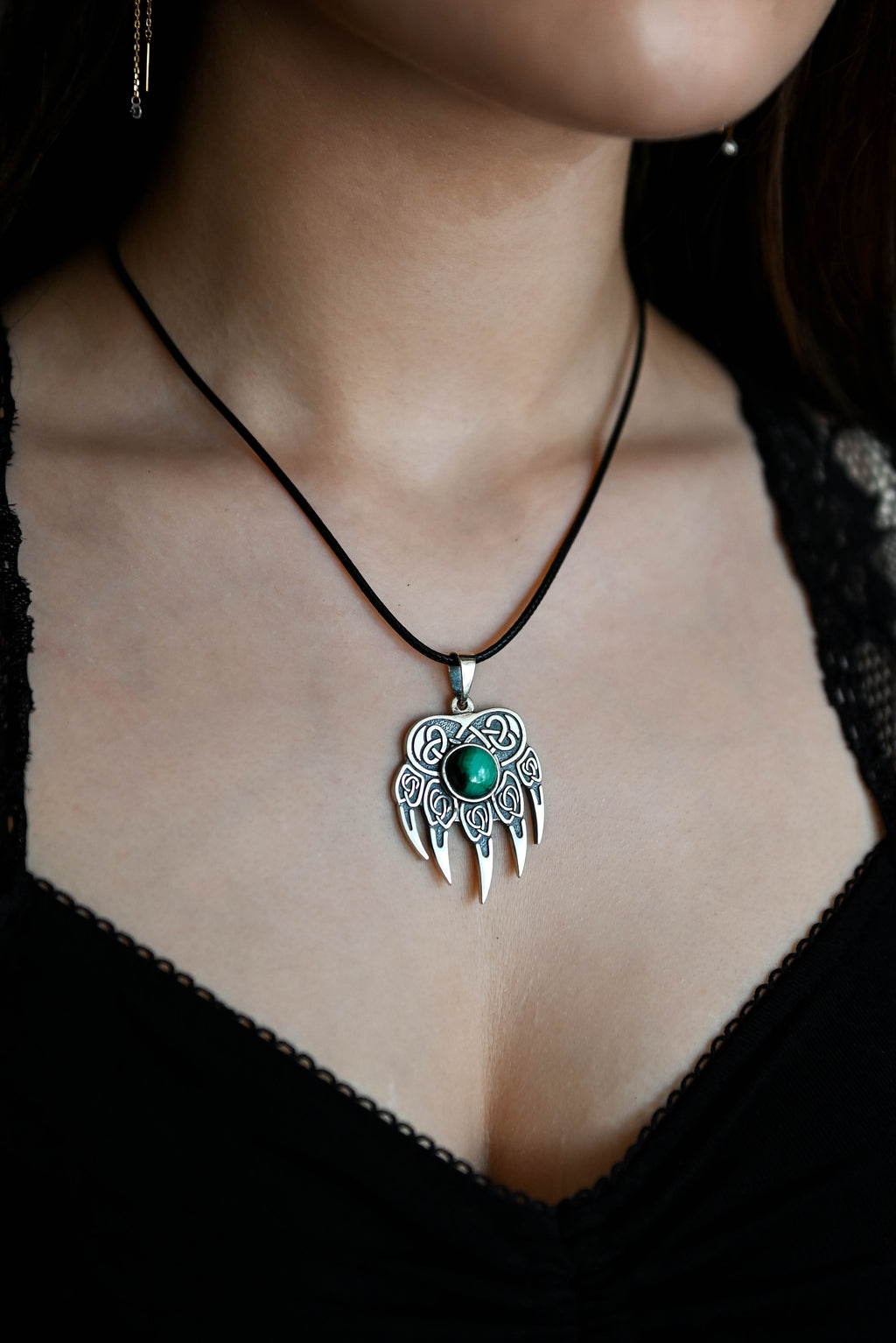 Bear Paw Amulet with Jade Stone, Sterling Silver 925 — Viking & Slavic Symbol Pendant
