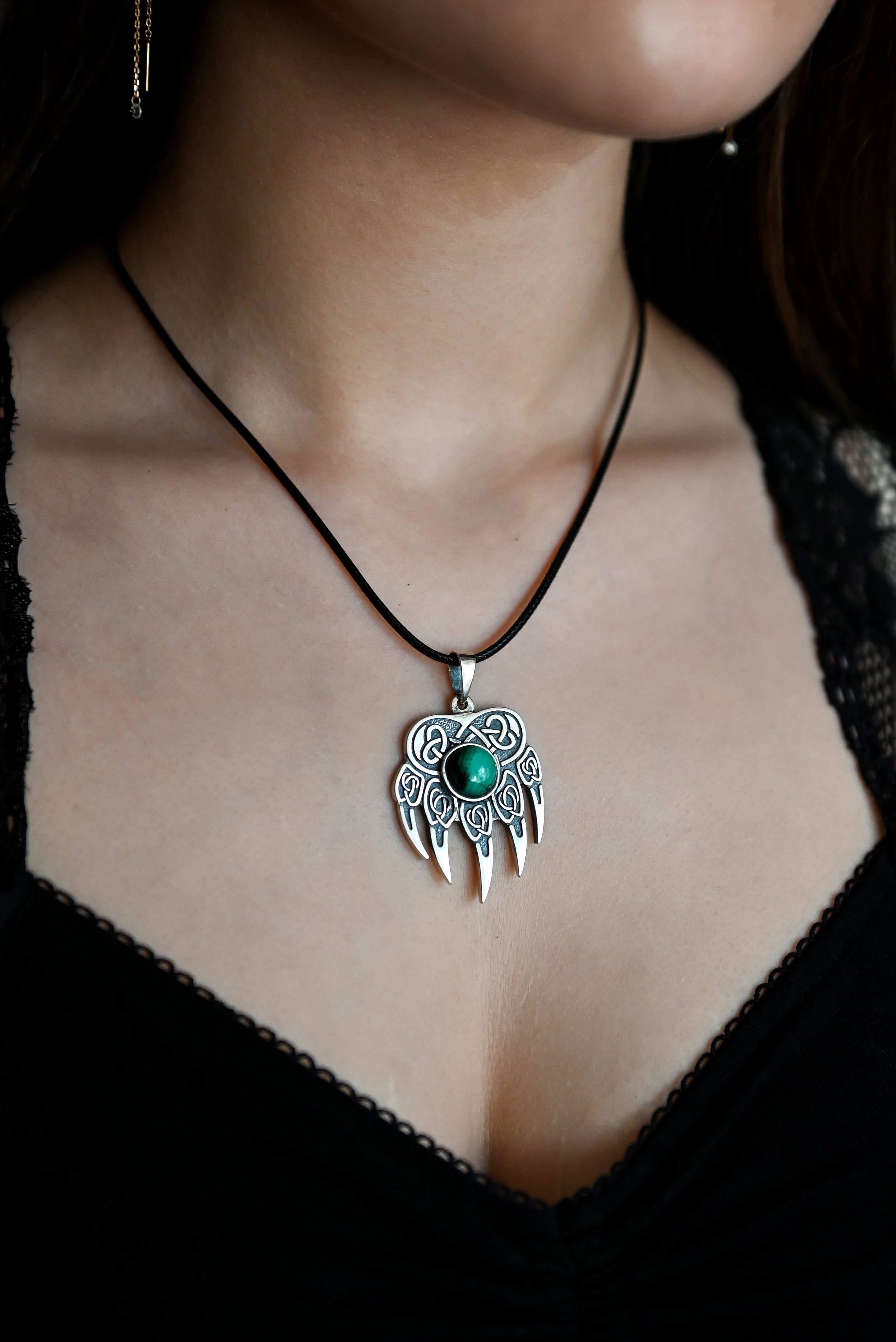 Bear Paw Amulet with Jade Stone, Sterling Silver 925 — Viking & Slavic Symbol Pendant
