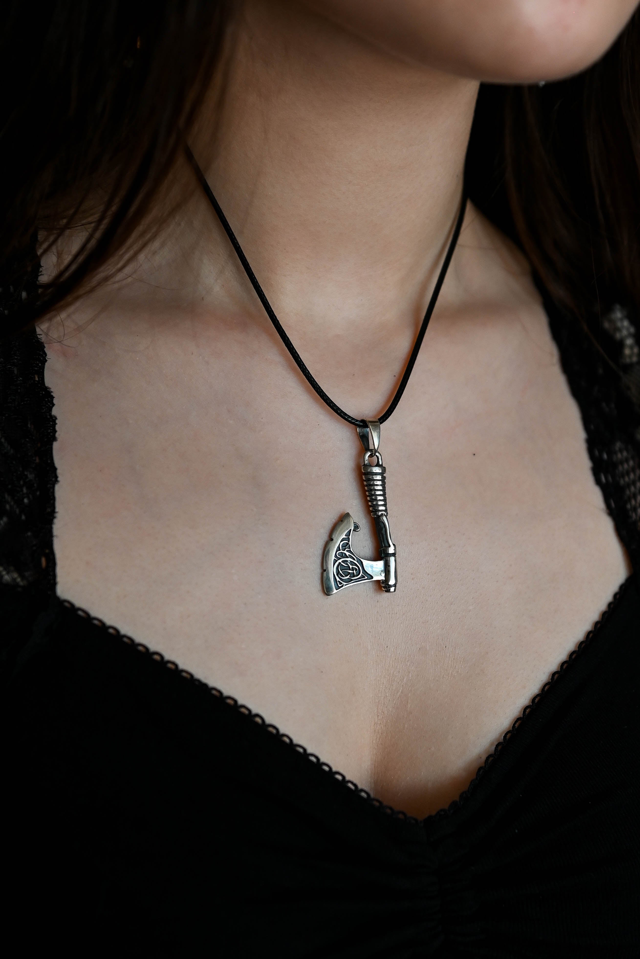 Scandinavian Axe with Knotwork, Sterling Silver 925 — Viking Symbol Pendant