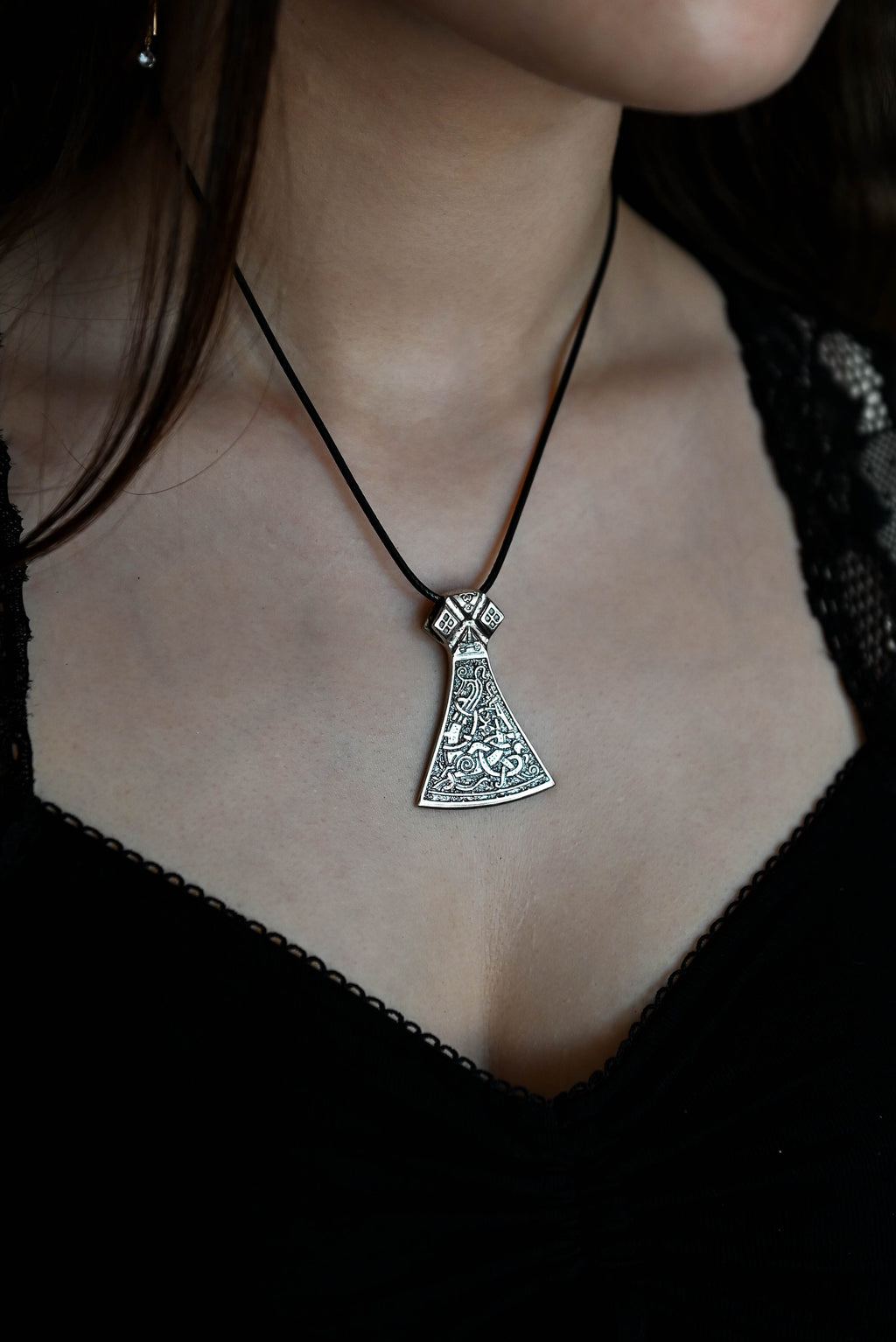 Perun's Axe (Large) with Patterns, Sterling Silver 925 — Slavic Symbol Pendant