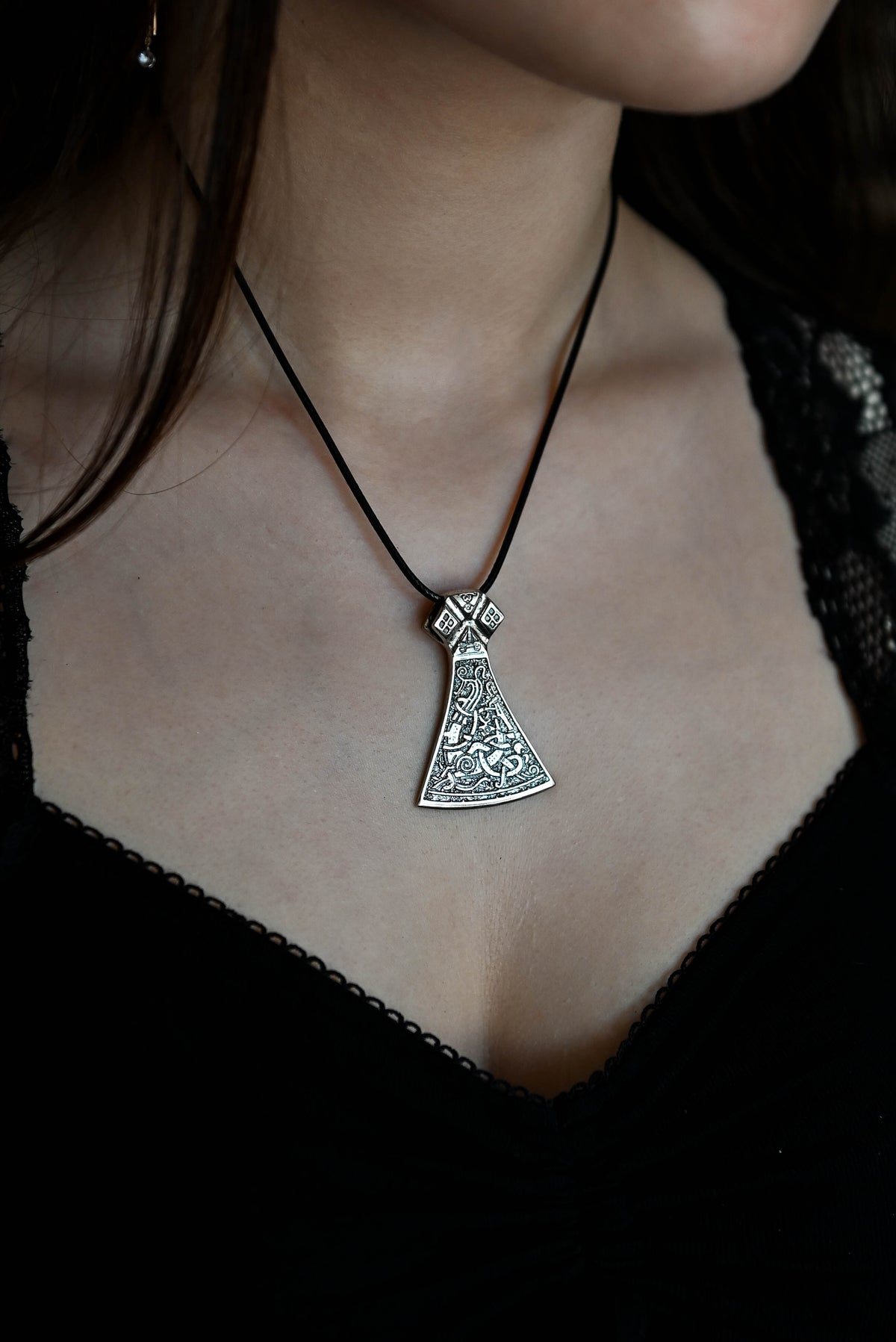 Perun's Axe (Large) with Patterns, Sterling Silver 925 — Slavic Symbol Pendant