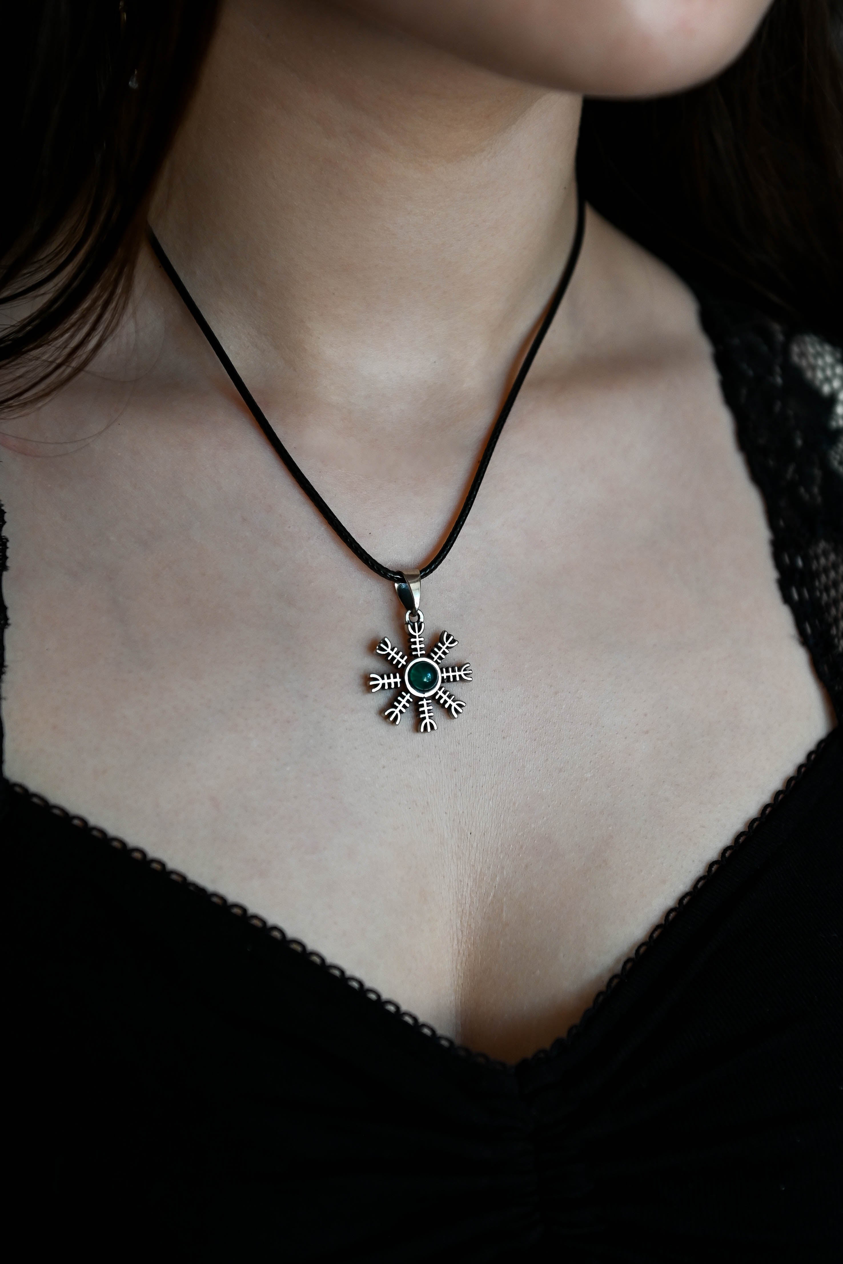 Helm of Awe (Aegishjalmur) Amulet with Chalcedony Stone, Sterling Silver 925 — Viking Symbol Pendant