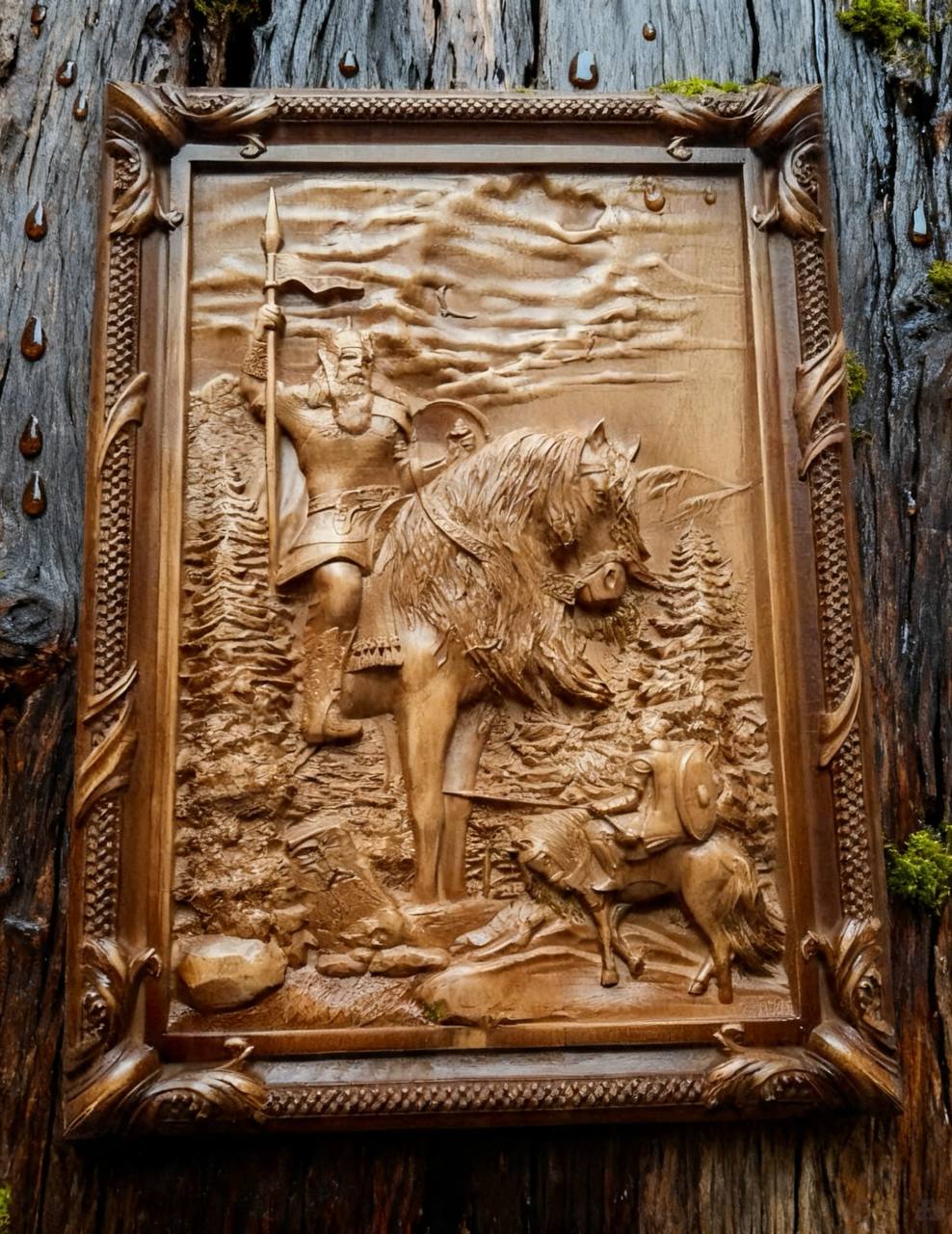 Ilya Muromets Meets Svyatogor Wooden Wall Panel — Hand-Carved Wood Art