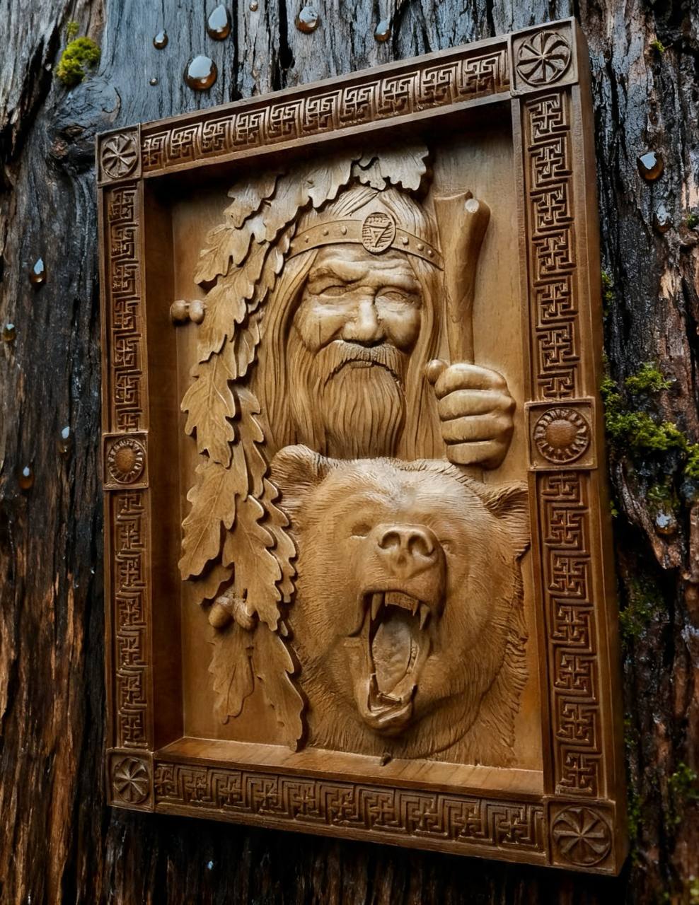 Veles with Bear Wooden Wall Panel — Hand-Carved Wood Art