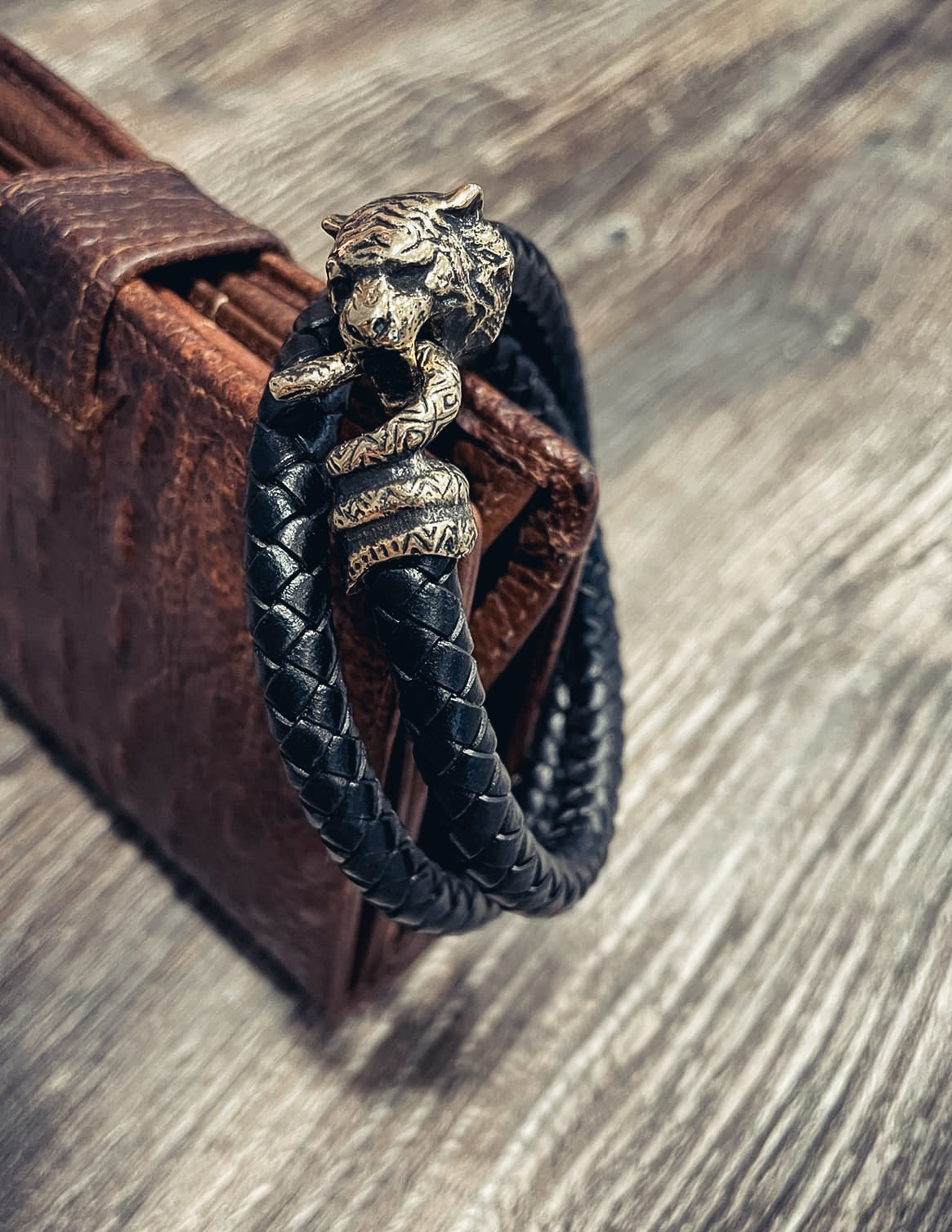 Tiger and Snake, Double-Wrap Bracelet, Natural Leather and Bronze