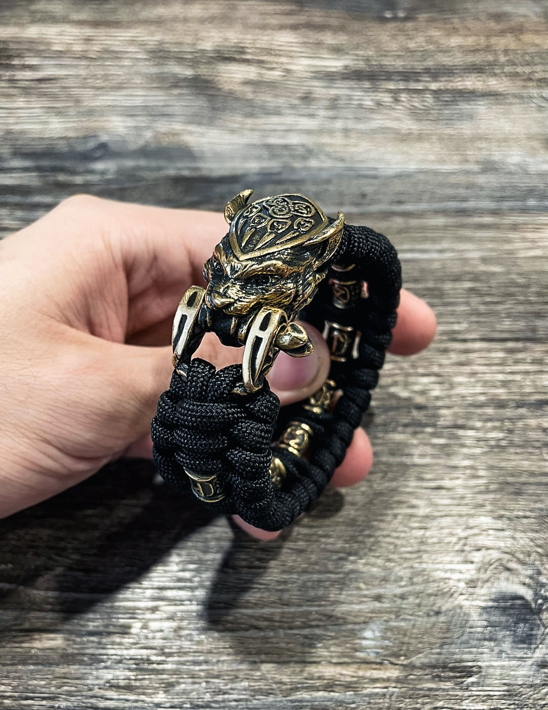 Lynx with Scandinavian Runes Bracelet, Paracord and Bronze