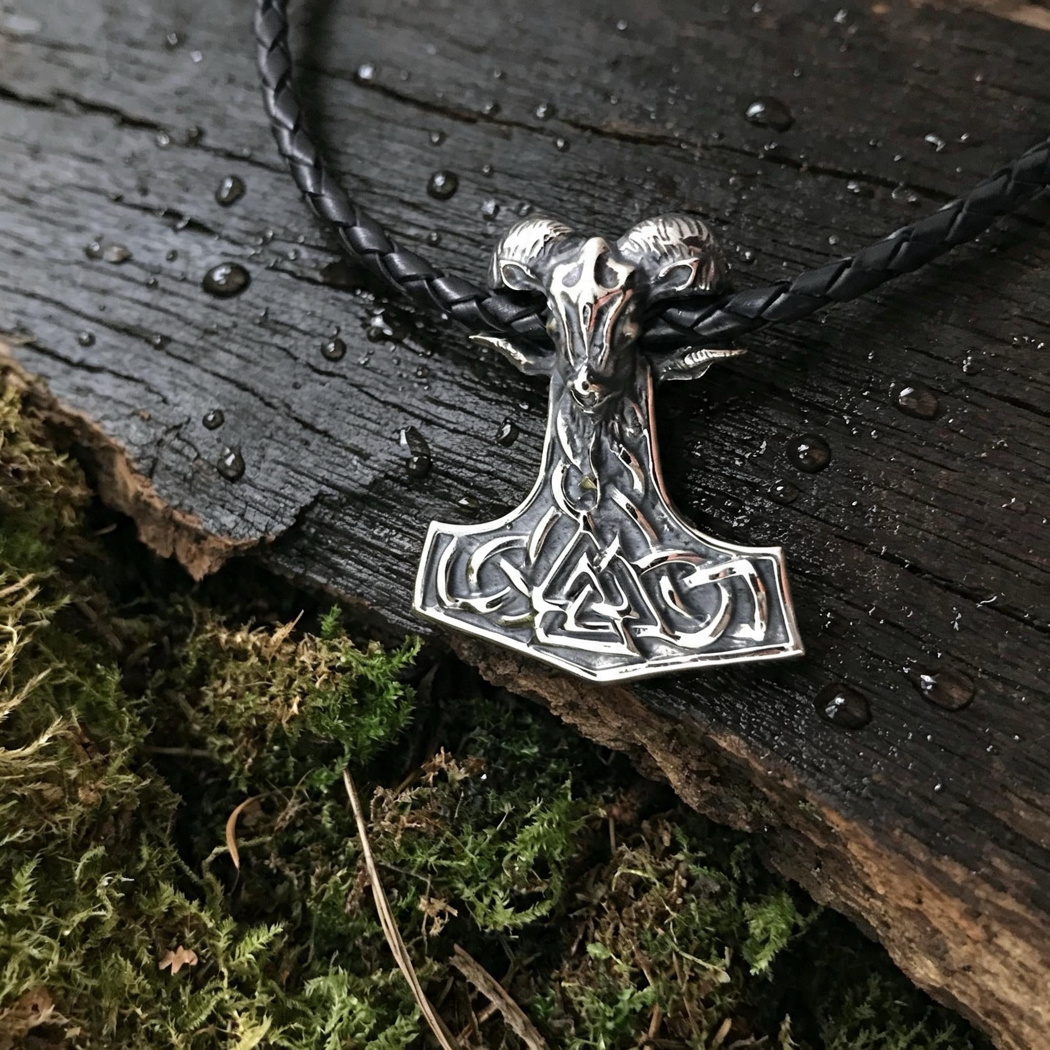 Thor's Hammer with Goat and Valknut Amulet, Sterling Silver 925 — Viking Symbol Pendant