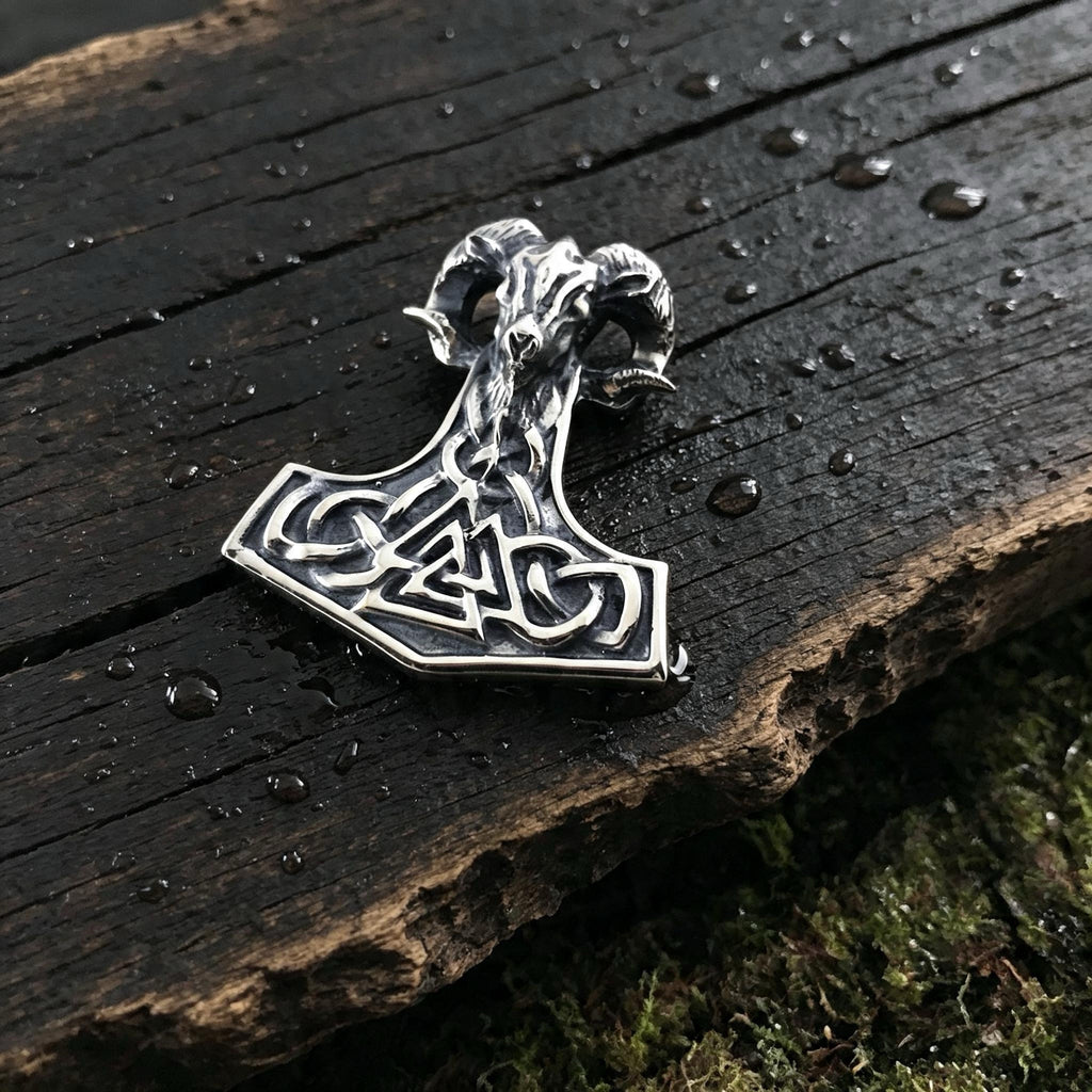 Thor's Hammer with Goat and Valknut Amulet, Sterling Silver 925 — Viking Symbol Pendant