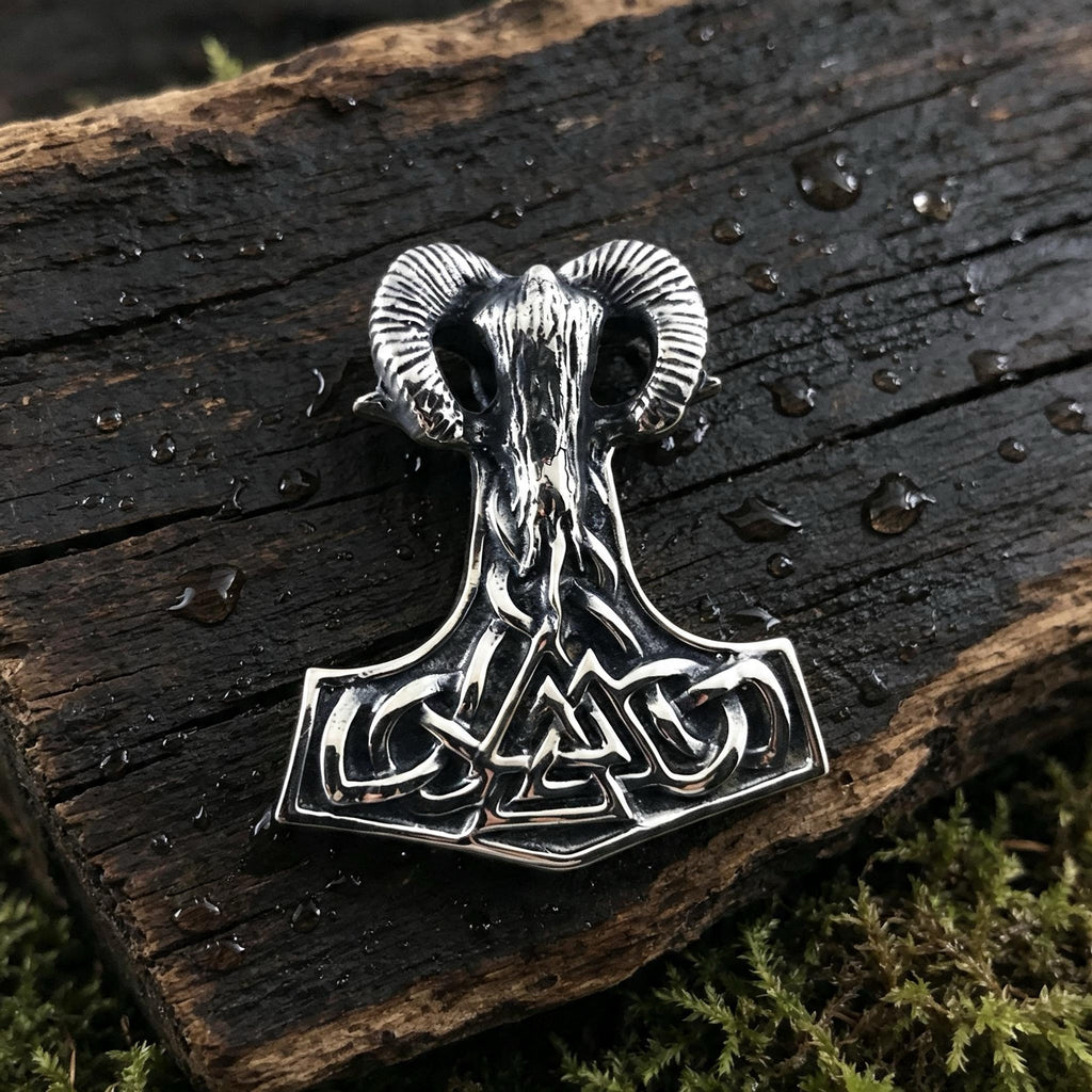 Thor's Hammer with Goat and Valknut Amulet, Sterling Silver 925 — Viking Symbol Pendant