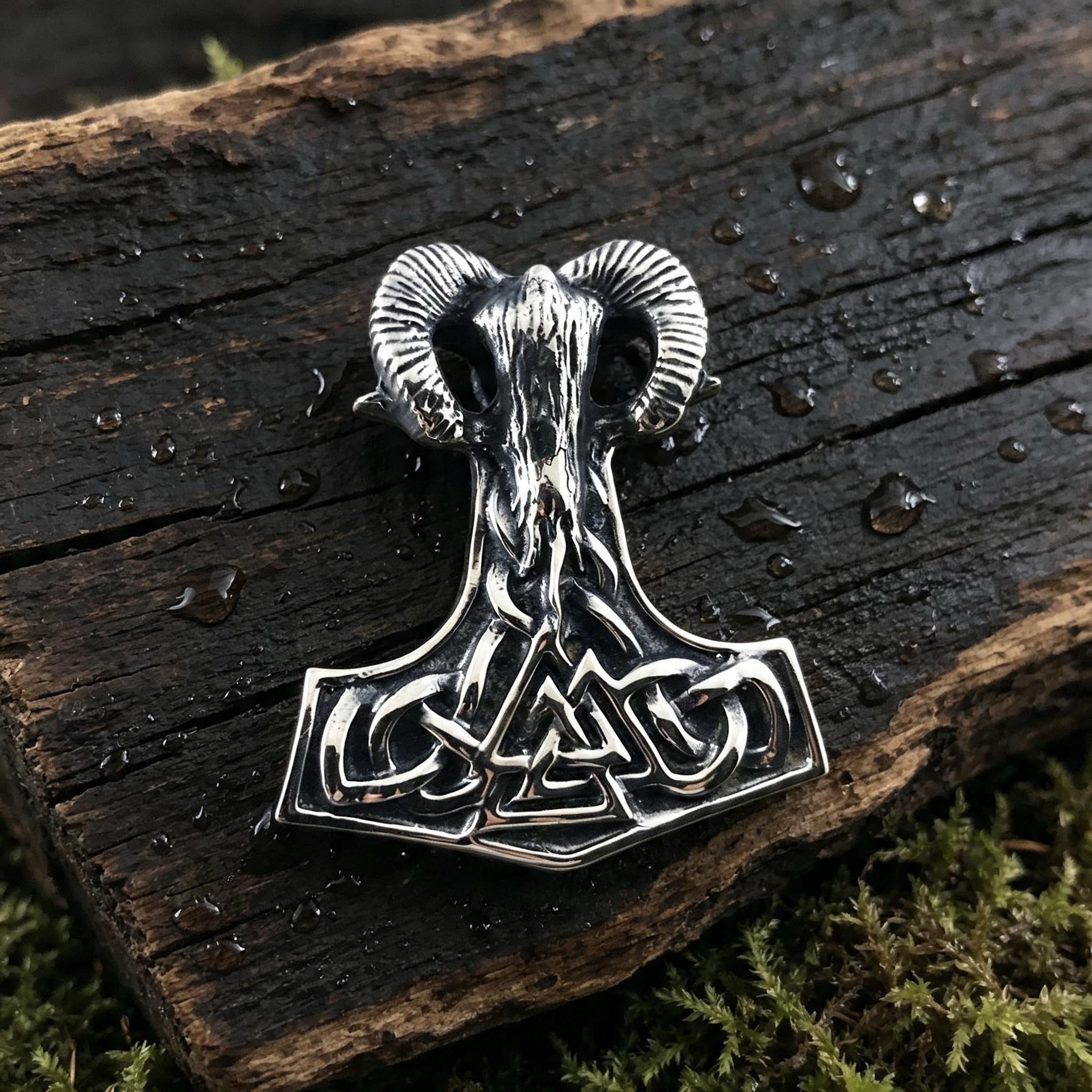 Thor's Hammer with Goat and Valknut Amulet, Sterling Silver 925 — Viking Symbol Pendant