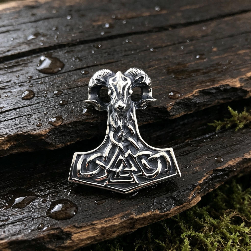 Thor's Hammer with Goat and Valknut Amulet, Sterling Silver 925 — Viking Symbol Pendant